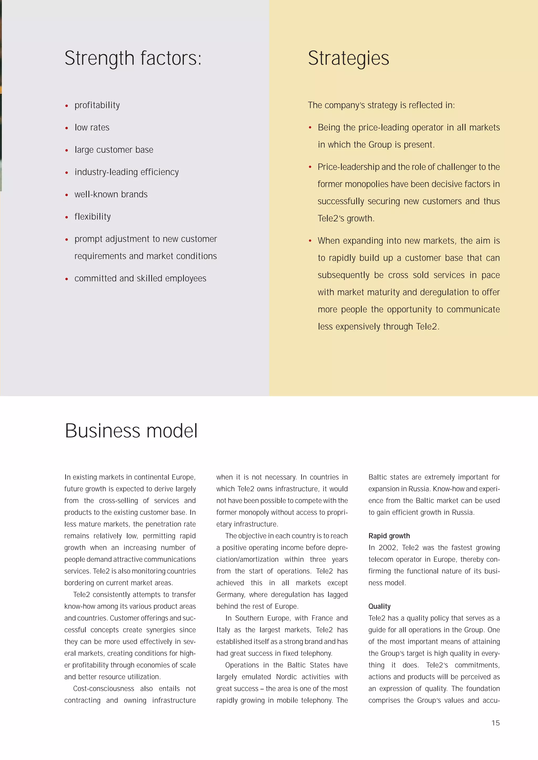 Strength factors:                                                            Strategies

• profitability                                                              The company’s strategy is reflected in:

• low rates                                                                  • Being the price-leading operator in all markets
                                                                                in which the Group is present.
• large customer base
                                                                             • Price-leadership and the role of challenger to the
• industry-leading efficiency
                                                                                former monopolies have been decisive factors in
• well-known brands
                                                                                successfully securing new customers and thus
• flexibility                                                                   Tele2’s growth.

• prompt adjustment to new customer                                          • When expanding into new markets, the aim is
   requirements and market conditions                                           to rapidly build up a customer base that can

• committed and skilled employees                                               subsequently be cross sold services in pace
                                                                                with market maturity and deregulation to offer
                                                                                more people the opportunity to communicate
                                                                                less expensively through Tele2.




Business model

In existing markets in continental Europe,     when it is not necessary. In countries in      Baltic states are extremely important for
future growth is expected to derive largely    which Tele2 owns infrastructure, it would      expansion in Russia. Know-how and experi-
from the cross-selling of services and         not have been possible to compete with the     ence from the Baltic market can be used
products to the existing customer base. In     former monopoly without access to propri-      to gain efficient growth in Russia.
less mature markets, the penetration rate      etary infrastructure.
remains relatively low, permitting rapid         The objective in each country is to reach    Rapid growth
growth when an increasing number of            a positive operating income before depre-      In 2002, Tele2 was the fastest growing
people demand attractive communications        ciation/amortization within three years        telecom operator in Europe, thereby con-
services. Tele2 is also monitoring countries   from the start of operations. Tele2 has        firming the functional nature of its busi-
bordering on current market areas.             achieved this in all markets except            ness model.
  Tele2 consistently attempts to transfer      Germany, where deregulation has lagged
know-how among its various product areas       behind the rest of Europe.                     Quality
and countries. Customer offerings and suc-       In Southern Europe, with France and          Tele2 has a quality policy that serves as a
cessful concepts create synergies since        Italy as the largest markets, Tele2 has        guide for all operations in the Group. One
they can be more used effectively in sev-      established itself as a strong brand and has   of the most important means of attaining
eral markets, creating conditions for high-    had great success in fixed telephony.          the Group’s target is high quality in every-
er profitability through economies of scale      Operations in the Baltic States have         thing it does. Tele2’s commitments,
and better resource utilization.               largely emulated Nordic activities with        actions and products will be perceived as
  Cost-consciousness also entails not          great success – the area is one of the most    an expression of quality. The foundation
contracting and owning infrastructure          rapidly growing in mobile telephony. The       comprises the Group’s values and accu-


                                                                                                                                       15
 