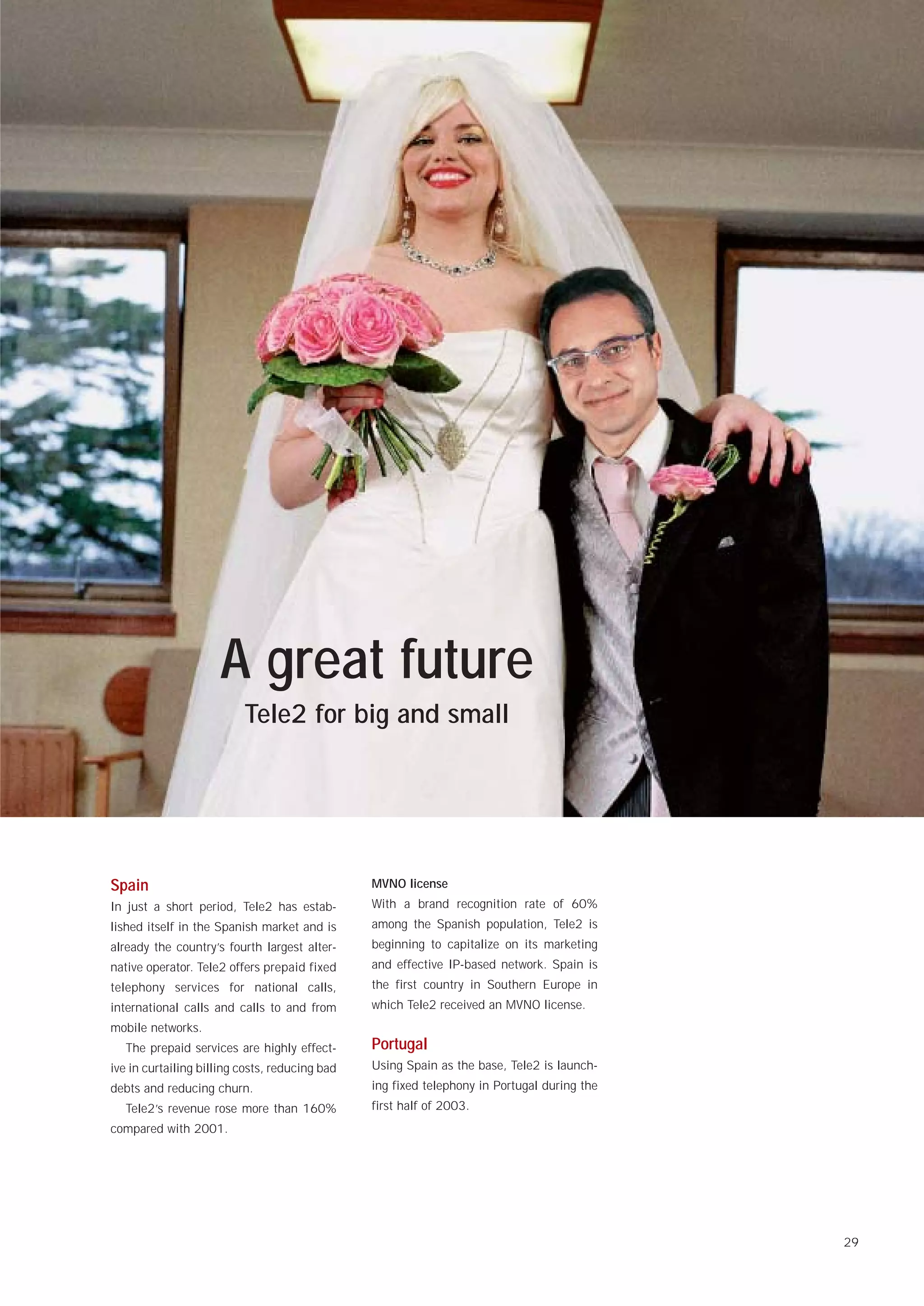 Gillar utveckling
                     A great future i Eurpoa
                        Tele2 växer snabbast

                          Tele2 for big and small




Spain                                           MVNO license
In just a short period, Tele2 has estab-        With a brand recognition rate of 60%
lished itself in the Spanish market and is      among the Spanish population, Tele2 is
already the country’s fourth largest alter-     beginning to capitalize on its marketing
native operator. Tele2 offers prepaid fixed     and effective IP-based network. Spain is
telephony services for national calls,          the first country in Southern Europe in
international calls and calls to and from       which Tele2 received an MVNO license.
mobile networks.
   The prepaid services are highly effect-      Portugal
ive in curtailing billing costs, reducing bad   Using Spain as the base, Tele2 is launch-
debts and reducing churn.                       ing fixed telephony in Portugal during the
   Tele2’s revenue rose more than 160%          first half of 2003.
compared with 2001.




                                                                                             29
 