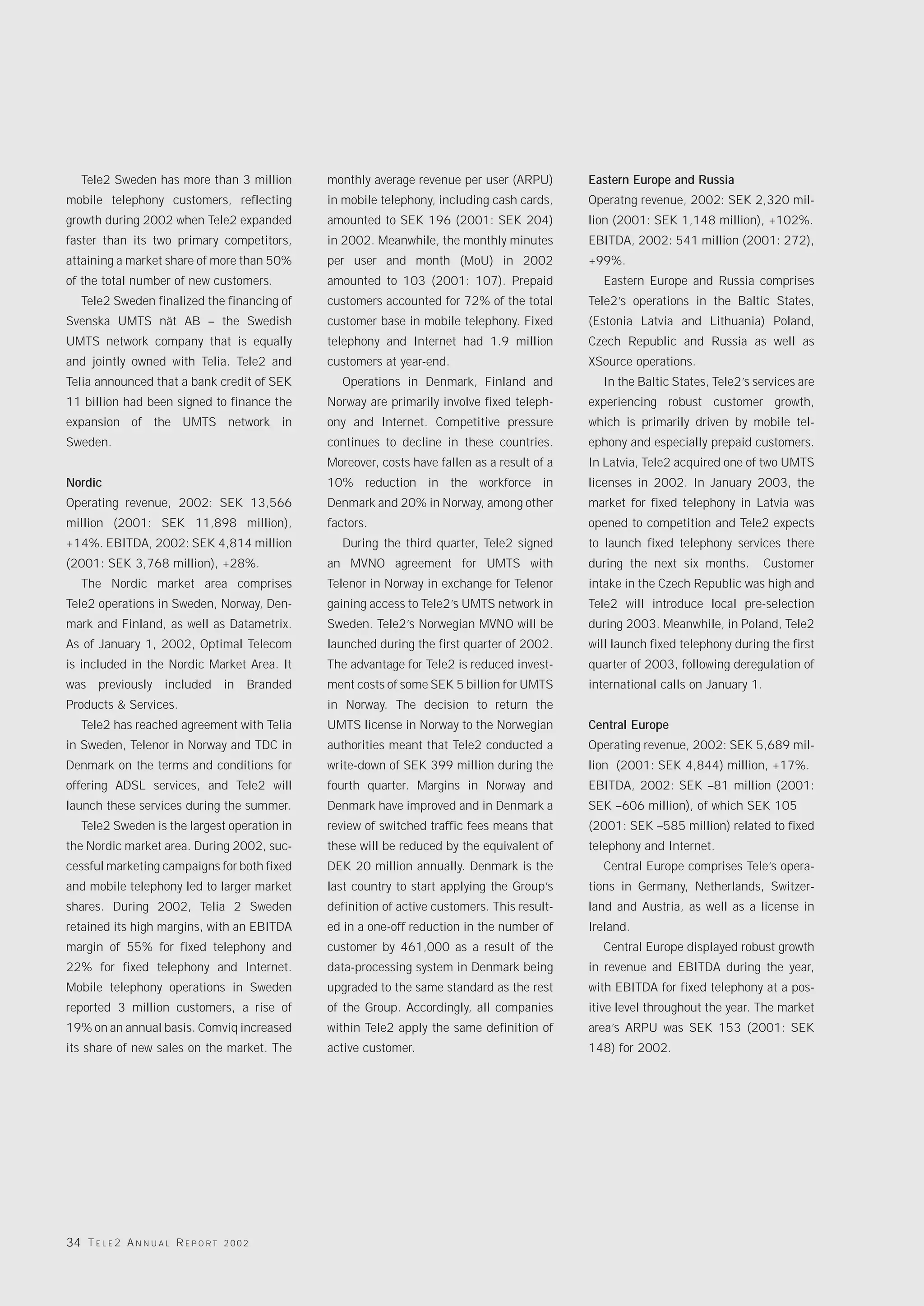 Tele2 Sweden has more than 3 million       monthly average revenue per user (ARPU)        Eastern Europe and Russia
mobile telephony customers, reflecting        in mobile telephony, including cash cards,     Operatng revenue, 2002: SEK 2,320 mil-
growth during 2002 when Tele2 expanded        amounted to SEK 196 (2001: SEK 204)            lion (2001: SEK 1,148 million), +102%.
faster than its two primary competitors,      in 2002. Meanwhile, the monthly minutes        EBITDA, 2002: 541 million (2001: 272),
attaining a market share of more than 50%     per user and month (MoU) in 2002               +99%.
of the total number of new customers.         amounted to 103 (2001: 107). Prepaid             Eastern Europe and Russia comprises
   Tele2 Sweden finalized the financing of    customers accounted for 72% of the total       Tele2’s operations in the Baltic States,
Svenska UMTS nät AB – the Swedish             customer base in mobile telephony. Fixed       (Estonia Latvia and Lithuania) Poland,
UMTS network company that is equally          telephony and Internet had 1.9 million         Czech Republic and Russia as well as
and jointly owned with Telia. Tele2 and       customers at year-end.                         XSource operations.
Telia announced that a bank credit of SEK        Operations in Denmark, Finland and            In the Baltic States, Tele2’s services are
11 billion had been signed to finance the     Norway are primarily involve fixed teleph-     experiencing robust customer growth,
expansion of the UMTS network in              ony and Internet. Competitive pressure         which is primarily driven by mobile tel-
Sweden.                                       continues to decline in these countries.       ephony and especially prepaid customers.
                                              Moreover, costs have fallen as a result of a   In Latvia, Tele2 acquired one of two UMTS
Nordic                                        10% reduction in the workforce in              licenses in 2002. In January 2003, the
Operating revenue, 2002: SEK 13,566           Denmark and 20% in Norway, among other         market for fixed telephony in Latvia was
million (2001: SEK 11,898 million),           factors.                                       opened to competition and Tele2 expects
+14%. EBITDA, 2002: SEK 4,814 million            During the third quarter, Tele2 signed      to launch fixed telephony services there
(2001: SEK 3,768 million), +28%.              an MVNO agreement for UMTS with                during the next six months.         Customer
   The Nordic market area comprises           Telenor in Norway in exchange for Telenor      intake in the Czech Republic was high and
Tele2 operations in Sweden, Norway, Den-      gaining access to Tele2’s UMTS network in      Tele2 will introduce local pre-selection
mark and Finland, as well as Datametrix.      Sweden. Tele2’s Norwegian MVNO will be         during 2003. Meanwhile, in Poland, Tele2
As of January 1, 2002, Optimal Telecom        launched during the first quarter of 2002.     will launch fixed telephony during the first
is included in the Nordic Market Area. It     The advantage for Tele2 is reduced invest-     quarter of 2003, following deregulation of
was previously included in Branded            ment costs of some SEK 5 billion for UMTS      international calls on January 1.
Products & Services.                          in Norway. The decision to return the
   Tele2 has reached agreement with Telia     UMTS license in Norway to the Norwegian        Central Europe
in Sweden, Telenor in Norway and TDC in       authorities meant that Tele2 conducted a       Operating revenue, 2002: SEK 5,689 mil-
Denmark on the terms and conditions for       write-down of SEK 399 million during the       lion (2001: SEK 4,844) million, +17%.
offering ADSL services, and Tele2 will        fourth quarter. Margins in Norway and          EBITDA, 2002: SEK –81 million (2001:
launch these services during the summer.      Denmark have improved and in Denmark a         SEK –606 million), of which SEK 105
   Tele2 Sweden is the largest operation in   review of switched traffic fees means that     (2001: SEK –585 million) related to fixed
the Nordic market area. During 2002, suc-     these will be reduced by the equivalent of     telephony and Internet.
cessful marketing campaigns for both fixed    DEK 20 million annually. Denmark is the          Central Europe comprises Tele’s opera-
and mobile telephony led to larger market     last country to start applying the Group’s     tions in Germany, Netherlands, Switzer-
shares. During 2002, Telia 2 Sweden           definition of active customers. This result-   land and Austria, as well as a license in
retained its high margins, with an EBITDA     ed in a one-off reduction in the number of     Ireland.
margin of 55% for fixed telephony and         customer by 461,000 as a result of the           Central Europe displayed robust growth
22% for fixed telephony and Internet.         data-processing system in Denmark being        in revenue and EBITDA during the year,
Mobile telephony operations in Sweden         upgraded to the same standard as the rest      with EBITDA for fixed telephony at a pos-
reported 3 million customers, a rise of       of the Group. Accordingly, all companies       itive level throughout the year. The market
19% on an annual basis. Comviq increased      within Tele2 apply the same definition of      area’s ARPU was SEK 153 (2001: SEK
its share of new sales on the market. The     active customer.                               148) for 2002.




34 T E L E 2 A N N U A L R E P O R T   2002
 