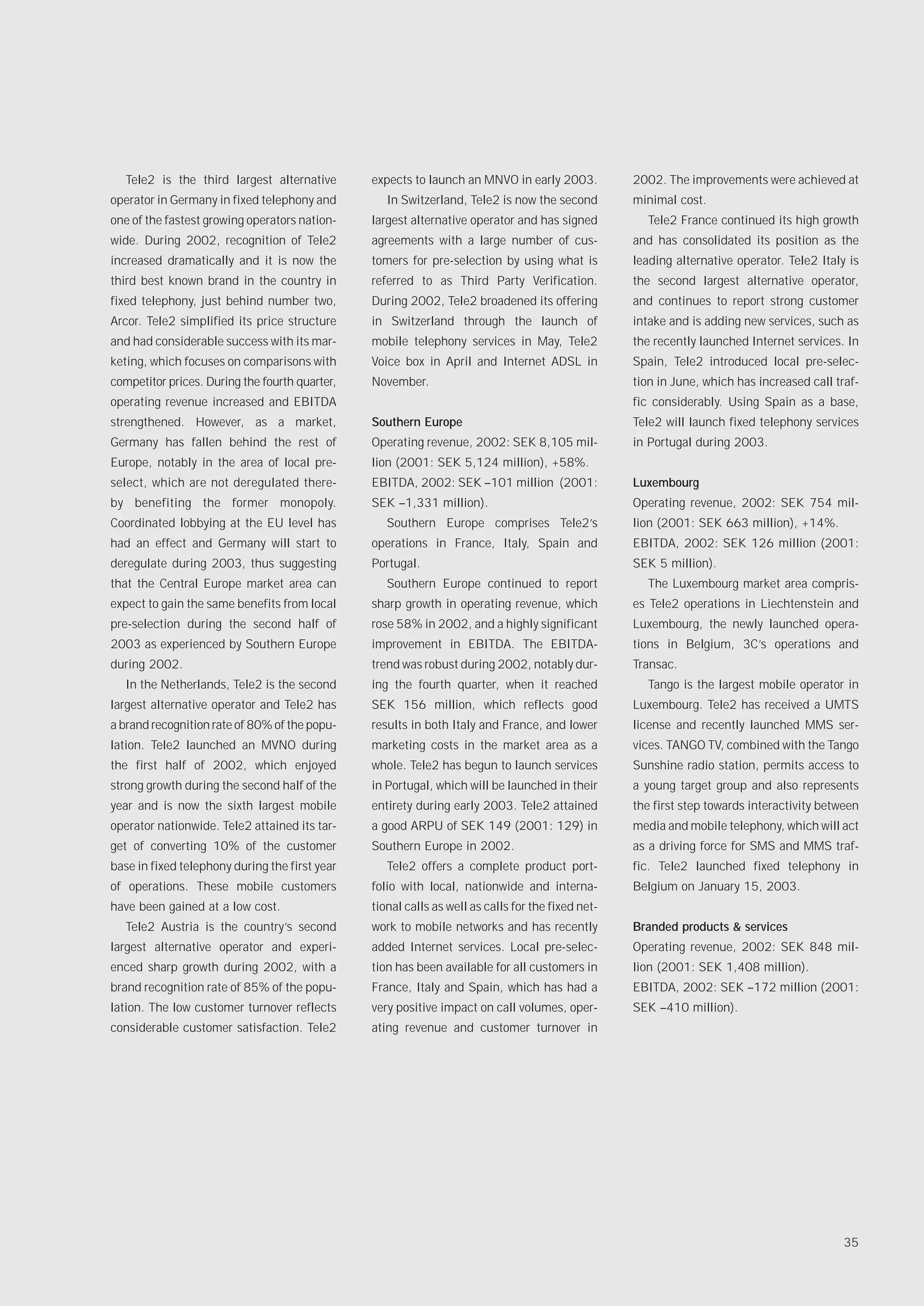Tele2 is the third largest alternative       expects to launch an MNVO in early 2003.           2002. The improvements were achieved at
operator in Germany in fixed telephony and         In Switzerland, Tele2 is now the second         minimal cost.
one of the fastest growing operators nation-    largest alternative operator and has signed          Tele2 France continued its high growth
wide. During 2002, recognition of Tele2         agreements with a large number of cus-             and has consolidated its position as the
increased dramatically and it is now the        tomers for pre-selection by using what is          leading alternative operator. Tele2 Italy is
third best known brand in the country in        referred to as Third Party Verification.           the second largest alternative operator,
fixed telephony, just behind number two,        During 2002, Tele2 broadened its offering          and continues to report strong customer
Arcor. Tele2 simplified its price structure     in Switzerland through the launch of               intake and is adding new services, such as
and had considerable success with its mar-      mobile telephony services in May, Tele2            the recently launched Internet services. In
keting, which focuses on comparisons with       Voice box in April and Internet ADSL in            Spain, Tele2 introduced local pre-selec-
competitor prices. During the fourth quarter,   November.                                          tion in June, which has increased call traf-
operating revenue increased and EBITDA                                                             fic considerably. Using Spain as a base,
strengthened. However, as a market,             Southern Europe                                    Tele2 will launch fixed telephony services
Germany has fallen behind the rest of           Operating revenue, 2002: SEK 8,105 mil-            in Portugal during 2003.
Europe, notably in the area of local pre-       lion (2001: SEK 5,124 million), +58%.
select, which are not deregulated there-        EBITDA, 2002: SEK –101 million (2001:              Luxembourg
by benefiting the former monopoly.              SEK –1,331 million).                               Operating revenue, 2002: SEK 754 mil-
Coordinated lobbying at the EU level has           Southern Europe comprises Tele2’s               lion (2001: SEK 663 million), +14%.
had an effect and Germany will start to         operations in France, Italy, Spain and             EBITDA, 2002: SEK 126 million (2001:
deregulate during 2003, thus suggesting         Portugal.                                          SEK 5 million).
that the Central Europe market area can            Southern Europe continued to report               The Luxembourg market area compris-
expect to gain the same benefits from local     sharp growth in operating revenue, which           es Tele2 operations in Liechtenstein and
pre-selection during the second half of         rose 58% in 2002, and a highly significant         Luxembourg, the newly launched opera-
2003 as experienced by Southern Europe          improvement in EBITDA. The EBITDA-                 tions in Belgium, 3C’s operations and
during 2002.                                    trend was robust during 2002, notably dur-         Transac.
   In the Netherlands, Tele2 is the second      ing the fourth quarter, when it reached              Tango is the largest mobile operator in
largest alternative operator and Tele2 has      SEK 156 million, which reflects good               Luxembourg. Tele2 has received a UMTS
a brand recognition rate of 80% of the popu-    results in both Italy and France, and lower        license and recently launched MMS ser-
lation. Tele2 launched an MVNO during           marketing costs in the market area as a            vices. TANGO TV, combined with the Tango
the first half of 2002, which enjoyed           whole. Tele2 has begun to launch services          Sunshine radio station, permits access to
strong growth during the second half of the     in Portugal, which will be launched in their       a young target group and also represents
year and is now the sixth largest mobile        entirety during early 2003. Tele2 attained         the first step towards interactivity between
operator nationwide. Tele2 attained its tar-    a good ARPU of SEK 149 (2001: 129) in              media and mobile telephony, which will act
get of converting 10% of the customer           Southern Europe in 2002.                           as a driving force for SMS and MMS traf-
base in fixed telephony during the first year      Tele2 offers a complete product port-           fic. Tele2 launched fixed telephony in
of operations. These mobile customers           folio with local, nationwide and interna-          Belgium on January 15, 2003.
have been gained at a low cost.                 tional calls as well as calls for the fixed net-
   Tele2 Austria is the country’s second        work to mobile networks and has recently           Branded products & services
largest alternative operator and experi-        added Internet services. Local pre-selec-          Operating revenue, 2002: SEK 848 mil-
enced sharp growth during 2002, with a          tion has been available for all customers in       lion (2001: SEK 1,408 million).
brand recognition rate of 85% of the popu-      France, Italy and Spain, which has had a           EBITDA, 2002: SEK –172 million (2001:
lation. The low customer turnover reflects      very positive impact on call volumes, oper-        SEK –410 million).
considerable customer satisfaction. Tele2       ating revenue and customer turnover in




                                                                                                                                            35
 