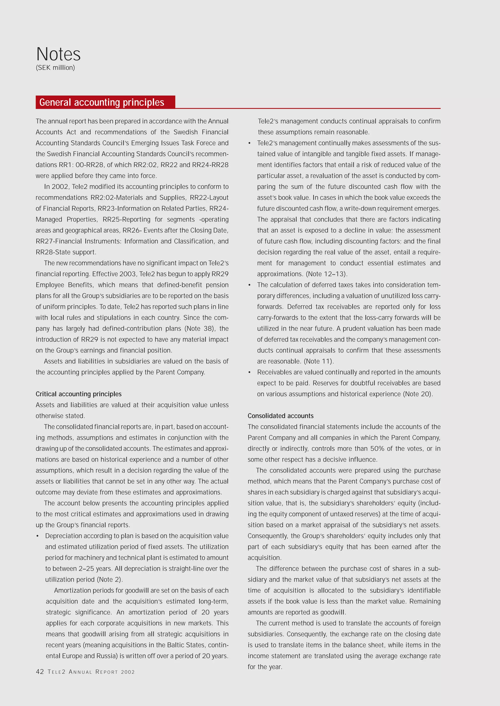 Notes
(SEK million)




 General accounting principles
The annual report has been prepared in accordance with the Annual           Tele2’s management conducts continual appraisals to confirm
Accounts Act and recommendations of the Swedish Financial                   these assumptions remain reasonable.
Accounting Standards Council’s Emerging Issues Task Forece and           • Tele2’s management continually makes assessments of the sus-
the Swedish Financial Accounting Standards Council’s recommen-              tained value of intangible and tangible fixed assets. If manage-
dations RR1: 00-RR28, of which RR2:02, RR22 and RR24-RR28                   ment identifies factors that entail a risk of reduced value of the
were applied before they came into force.                                   particular asset, a revaluation of the asset is conducted by com-
   In 2002, Tele2 modified its accounting principles to conform to          paring the sum of the future discounted cash flow with the
recommendations RR2:02-Materials and Supplies, RR22-Layout                  asset’s book value. In cases in which the book value exceeds the
of Financial Reports, RR23-Information on Related Parties, RR24-            future discounted cash flow, a write-down requirement emerges.
Managed Properties, RR25-Reporting for segments -operating                  The appraisal that concludes that there are factors indicating
areas and geographical areas, RR26- Events after the Closing Date,          that an asset is exposed to a decline in value; the assessment
RR27-Financial Instruments: Information and Classification, and             of future cash flow, including discounting factors; and the final
RR28-State support.                                                         decision regarding the real value of the asset, entail a require-
   The new recommendations have no significant impact on Tele2’s            ment for management to conduct essential estimates and
financial reporting. Effective 2003, Tele2 has begun to apply RR29          approximations. (Note 12–13).
Employee Benefits, which means that defined-benefit pension              • The calculation of deferred taxes takes into consideration tem-
plans for all the Group’s subsidiaries are to be reported on the basis      porary differences, including a valuation of unutilized loss carry-
of uniform principles. To date, Tele2 has reported such plans in line       forwards. Deferred tax receivables are reported only for loss
with local rules and stipulations in each country. Since the com-           carry-forwards to the extent that the loss-carry forwards will be
pany has largely had defined-contribution plans (Note 38), the              utilized in the near future. A prudent valuation has been made
introduction of RR29 is not expected to have any material impact            of deferred tax receivables and the company’s management con-
on the Group’s earnings and financial position.                             ducts continual appraisals to confirm that these assessments
   Assets and liabilities in subsidiaries are valued on the basis of        are reasonable. (Note 11).
the accounting principles applied by the Parent Company.                 • Receivables are valued continually and reported in the amounts
                                                                            expect to be paid. Reserves for doubtful receivables are based
Critical accounting principles                                              on various assumptions and historical experience (Note 20).
Assets and liabilities are valued at their acquisition value unless
otherwise stated.                                                        Consolidated accounts
   The consolidated financial reports are, in part, based on account-    The consolidated financial statements include the accounts of the
ing methods, assumptions and estimates in conjunction with the           Parent Company and all companies in which the Parent Company,
drawing up of the consolidated accounts. The estimates and approxi-      directly or indirectly, controls more than 50% of the votes, or in
mations are based on historical experience and a number of other         some other respect has a decisive influence.
assumptions, which result in a decision regarding the value of the          The consolidated accounts were prepared using the purchase
assets or liabilities that cannot be set in any other way. The actual    method, which means that the Parent Company’s purchase cost of
outcome may deviate from these estimates and approximations.             shares in each subsidiary is charged against that subsidiary’s acqui-
   The account below presents the accounting principles applied          sition value, that is, the subsidiary’s shareholders’ equity (includ-
to the most critical estimates and approximations used in drawing        ing the equity component of untaxed reserves) at the time of acqui-
up the Group’s financial reports.                                        sition based on a market appraisal of the subsidiary’s net assets.
• Depreciation according to plan is based on the acquisition value       Consequently, the Group’s shareholders’ equity includes only that
    and estimated utilization period of fixed assets. The utilization    part of each subsidiary’s equity that has been earned after the
    period for machinery and technical plant is estimated to amount      acquisition.
    to between 2–25 years. All depreciation is straight-line over the       The difference between the purchase cost of shares in a sub-
    utilization period (Note 2).                                         sidiary and the market value of that subsidiary’s net assets at the
        Amortization periods for goodwill are set on the basis of each   time of acquisition is allocated to the subsidiary’s identifiable
    acquisition date and the acquisition’s estimated long-term,          assets if the book value is less than the market value. Remaining
    strategic significance. An amortization period of 20 years           amounts are reported as goodwill.
    applies for each corporate acquisitions in new markets. This            The current method is used to translate the accounts of foreign
    means that goodwill arising from all strategic acquisitions in       subsidiaries. Consequently, the exchange rate on the closing date
    recent years (meaning acquisitions in the Baltic States, contin-     is used to translate items in the balance sheet, while items in the
    ental Europe and Russia) is written off over a period of 20 years.   income statement are translated using the average exchange rate
                                                                         for the year.
42 T E L E 2 A N N U A L R E P O R T   2002
 