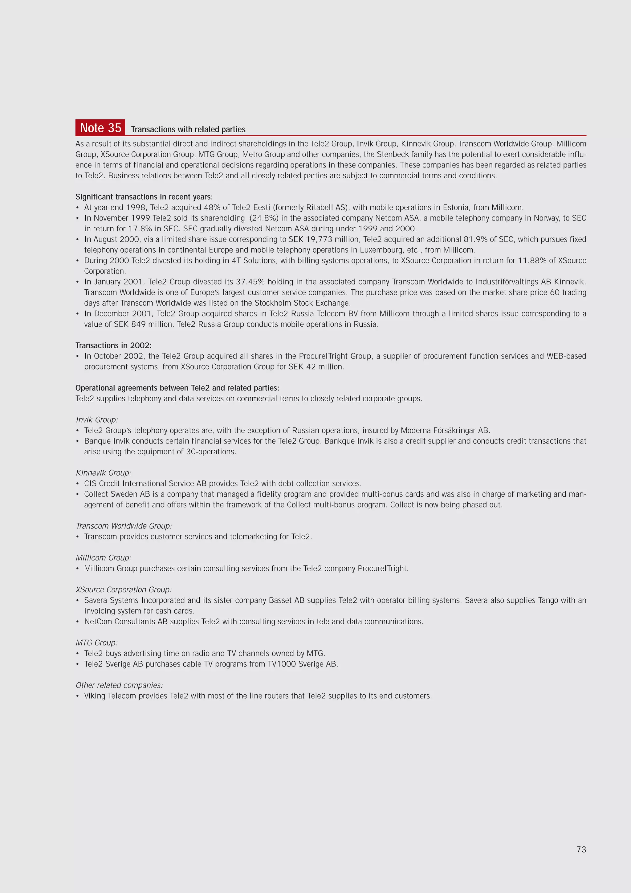 Note 35        Transactions with related parties
As a result of its substantial direct and indirect shareholdings in the Tele2 Group, Invik Group, Kinnevik Group, Transcom Worldwide Group, Millicom
Group, XSource Corporation Group, MTG Group, Metro Group and other companies, the Stenbeck family has the potential to exert considerable influ-
ence in terms of financial and operational decisions regarding operations in these companies. These companies has been regarded as related parties
to Tele2. Business relations between Tele2 and all closely related parties are subject to commercial terms and conditions.

Significant transactions in recent years:
• At year-end 1998, Tele2 acquired 48% of Tele2 Eesti (formerly Ritabell AS), with mobile operations in Estonia, from Millicom.
• In November 1999 Tele2 sold its shareholding (24.8%) in the associated company Netcom ASA, a mobile telephony company in Norway, to SEC
  in return for 17.8% in SEC. SEC gradually divested Netcom ASA during under 1999 and 2000.
• In August 2000, via a limited share issue corresponding to SEK 19,773 million, Tele2 acquired an additional 81.9% of SEC, which pursues fixed
  telephony operations in continental Europe and mobile telephony operations in Luxembourg, etc., from Millicom.
• During 2000 Tele2 divested its holding in 4T Solutions, with billing systems operations, to XSource Corporation in return for 11.88% of XSource
  Corporation.
• In January 2001, Tele2 Group divested its 37.45% holding in the associated company Transcom Worldwide to Industriförvaltings AB Kinnevik.
  Transcom Worldwide is one of Europe’s largest customer service companies. The purchase price was based on the market share price 60 trading
  days after Transcom Worldwide was listed on the Stockholm Stock Exchange.
• In December 2001, Tele2 Group acquired shares in Tele2 Russia Telecom BV from Millicom through a limited shares issue corresponding to a
  value of SEK 849 million. Tele2 Russia Group conducts mobile operations in Russia.

Transactions in 2002:
• In October 2002, the Tele2 Group acquired all shares in the ProcureITright Group, a supplier of procurement function services and WEB-based
   procurement systems, from XSource Corporation Group for SEK 42 million.

Operational agreements between Tele2 and related parties:
Tele2 supplies telephony and data services on commercial terms to closely related corporate groups.

Invik Group:
• Tele2 Group’s telephony operates are, with the exception of Russian operations, insured by Moderna Försäkringar AB.
• Banque Invik conducts certain financial services for the Tele2 Group. Bankque Invik is also a credit supplier and conducts credit transactions that
  arise using the equipment of 3C-operations.

Kinnevik Group:
• CIS Credit International Service AB provides Tele2 with debt collection services.
• Collect Sweden AB is a company that managed a fidelity program and provided multi-bonus cards and was also in charge of marketing and man-
  agement of benefit and offers within the framework of the Collect multi-bonus program. Collect is now being phased out.

Transcom Worldwide Group:
• Transcom provides customer services and telemarketing for Tele2.

Millicom Group:
• Millicom Group purchases certain consulting services from the Tele2 company ProcureITright.

XSource Corporation Group:
• Savera Systems Incorporated and its sister company Basset AB supplies Tele2 with operator billing systems. Savera also supplies Tango with an
  invoicing system for cash cards.
• NetCom Consultants AB supplies Tele2 with consulting services in tele and data communications.

MTG Group:
• Tele2 buys advertising time on radio and TV channels owned by MTG.
• Tele2 Sverige AB purchases cable TV programs from TV1000 Sverige AB.

Other related companies:
• Viking Telecom provides Tele2 with most of the line routers that Tele2 supplies to its end customers.




                                                                                                                                                 73
 