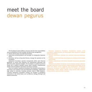 meet the board
dewan pegurus




    The Foundation’s charter defines a structure and sets clear responsibilities      Peraturan Sampoerna Foundation menjabarkan struktur serta|
and accountabilities for both strategic and day-to-day management.                 menetapkan tanggung jawab dan kewenangan bagi manajemen strategis
• Patrons devise policy and make key decisions.                                    maupun operasional.
• Supervisors provide guidance and oversight on strategically important            • Pembina menentukan kebijakan dan membuat keputusan-keputusan
    issues.                                                                           penting.
• Executives, led by an Executive Director, manage the operation of the            • Pengawas memberi bimbingan dan pengawasan terhadap hal-hal strategis
    Foundation.                                                                       yang penting.
    Sampoerna Foundation operates transparently within strict financial            • Pengurus, yang dipimpin oleh Direktur Eksekutif, menjalankan operasional
guidelines to ensure that programs are implemented effectively and                    yayasan.
efficiently within allocated budgets. The Foundation is audited by Ernst &            Sampoerna Foundation beroperasi secara transparan dengan pedoman
Young and a publicly available annual report provides comprehensive                keuangan yang ketat, guna menjamin program-program diterapkan secara
details of the Foundation’s operations and finance activities.                     efektif dan efisien sesuai anggaran yang dialokasikan. Pembukuan
    Since its inception, Sampoerna Foundation has provided scholarships to         Sampoerna Foundation diperiksa oleh Ernst & Young dan hasilnya
more than 9,200 students across the Indonesian archipelago, ranging from           dipublikasikan melalui laporan tahunan yang memuat data terperinci
high school to university, including overseas study in MBA programs.               tentang aktivitas operasional dan keuangan.
Currently, Sampoerna Foundation scholars are enrolled in prestigious
institutions in the United States such as Wharton, Kellogg, Michigan and
Indiana universities.




                                                                                                                                                          23
 