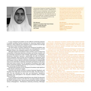 “ I learned about Sampoerna Foundation Scholarship         “ Saya mengetahui tentang program beasiswa Sampoerna
                                                      Program from a teacher at school. I realized that if I     Foundation dari seorang guru. Saya sadar, kalau saya
                                                      wanted to secure a scholarship, I had to study hard.       ingin mendapat beasiswa, saya harus giat belajar.
                                                      I was overjoyed to learn that my name was on the           Saya begitu gembira ketika mengetahui nama saya
                                                      scholarship recipient list. The scholarship means so       tercantum dalam daftar para penerima beasiswa.
                                                      much to my family and I. Through the assistance of         Beasiswa ini sangat berarti buat saya dan keluarga.
                                                      the scholarship, I have eased the burden on my             Dengan adanya bantuan dana beasiswa, saya dapat
                                                      parents to pay for my education.”                          meringankan beban orangtua saya untuk membiayai
                                                                                                                 pendidikan.”

                                                      Rika Mutiasari                                             Rika Mutiasari
                                                      Sampoerna Foundation High School Scholar                   Penerima Beasiswa SMA Negeri Sampoerna
                                                      SMUN 6 Lamjabat Meuraksa                                   Foundation
                                                      Nangroe Aceh Darussalam                                    SMAN 6 Lamjabat Meuraksa
                                                      2001 Intake                                                Nangroe Aceh Darussalam
                                                                                                                 Angkatan 2001




    In 2003, Sampoerna Foundation ran four different scholarship programs                Tahun 2003, Sampoerna Foundation memiliki empat program beasiswa
in parallel, providing financial assistance for deserving students across            yang berbeda, menyediakan bantuan finansial kepada para siswa yang
Indonesia. These programs were designed to assist students from the high             membutuhkan di seluruh Indonesia. Program-program ini didesain untuk
school level to those enrolled in graduate studies.                                  membantu para siswa dari sekolah menengah atas hingga mereka yang
    The total number of scholars supported by Sampoerna Foundation now               akan menekuni studi pascasarjana.
stands at 9,110 Senior High School scholars, 40 undergraduates, 95 local                 Jumlah penerima beasiswa yang didukung Sampoerna Foundation saat
graduate scholars, and 5 graduate students in the United States.                     ini mencapai 9.110 siswa Sekolah Menengah Atas (SMA), 40 mahasiswa
    Although Sampoerna Foundation’s major activities consist of disbursing           tingkat sarjana (S1), 95 mahasiswa pascasarjana dalam negeri (S2), dan 5
scholarships to financially deserving secondary and tertiary students, we            mahasiswa pascasarjana di Amerika Serikat.
are continually searching for other strategic opportunities. In September,               Meskipun kegiatan utama Sampoerna Foundation adalah memberikan
Sampoerna Foundation assumed a sponsorship role with the National                    beasiswa kepada para siswa sekolah menengah dan perguruan tinggi yang
Science Olympiad, where the best and the brightest of Indonesia’s youth              membutuhkan dukungan finansial, namun kami senantiasa mencari peluang-
compete for honors in the fields of physics, mathematics, chemistry, biology,        peluang strategis lain. Pada bulan September, Sampoerna Foundation
and computer sciences. Winners will receive scholarships for undergraduate           berperan sebagai sponsor dalam ajang Olimpiade Sains Nasional, di mana
study at top universities in Indonesia. Among the participants at this year’s        para pelajar terbaik dan tercerdas Indonesia menunjukkan kebolehan
event were seven scholars from the Sampoerna Foundation’s Senior High                mereka dalam bidang fisika, matematika, kimia, biologi, dan ilmu komputer.
School scholarship program, representing the provinces of Bengkulu, West             Para pemenang akan menerima beasiswa untuk studi tingkat sarjana (S1) di
Java, Central Java and North Moluccas.                                               beberapa universitas negeri ternama di Indonesia. Di antara para peserta
    During the first semester of 2003, Sampoerna Foundation made significant         olimpiade sains tahun ini, ada tujuh penerima beasiswa SMA Sampoerna
strides towards achieving its targets.                                               Foundation, mewakili provinsi Bengkulu, Jawa Barat, Jawa Tengah,
    Promotion and outreach activities in Jakarta, Bandung, Yogyakarta, and           Kalimantan Timur, dan Maluku Utara.
Surabaya drew high levels of interest from the public. The open house in                 Selama semester pertama 2003, Sampoerna Foundation membuat
each city was attended by more than 300 participants. Sampoerna                      langkah signifikan dalam mencapai sasaran-sasarannya.
Foundation also participated in the education exhibition held at Gadjah                  Kegiatan promosi dan kunjungan di Jakarta, Bandung, Yogyakarta, dan
Mada University.                                                                     Surabaya memperlihatkan minat yang tinggi dari publik. Acara open house
    In June, Sampoerna Foundation selected three new scholars for placement          di setiap kota tersebut dihadiri lebih dari 300 peserta. Sampoerna Foundation
at leading business schools in the USA. The successful students arrived in           juga berpartisipasi dalam pameran pendidikan di Universitas Gadjah Mada.
the USA in mid-August 2003. They are now pursuing their studies at Kellogg               Pada bulan Juni, Sampoerna Foundation memilih tiga penerima beasiswa
School of Management – Northwestern University, University of Michigan               baru yang akan belajar di sekolah bisnis terkenal di Amerika Serikat. Mereka



28
 