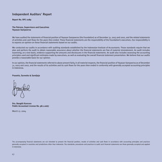 Independent Auditors’ Report
Report No. RPC-2189


The Patrons, Supervisors and Executives
Yayasan Sampoerna


We have audited the statements of financial position of Yayasan Sampoerna (the Foundation) as of December 31, 2003 and 2002, and the related statements
of activities and cash flows for the years then ended. These financial statements are the responsibility of the Foundation’s executives. Our responsibility is
to express an opinion on these financial statements based on our audits.

We conducted our audits in accordance with auditing standards established by the Indonesian Institute of Accountants. Those standards require that we
plan and perform the audit to obtain reasonable assurance about whether the financial statements are free of material misstatement. An audit includes
examining, on a test basis, evidence supporting the amounts and disclosures in the financial statements. An audit also includes assessing the accounting
principles used and significant estimates made by executives, as well as evaluating the overall financial statement presentation. We believe that our audits
provide a reasonable basis for our opinion.

In our opinion, the financial statements referred to above present fairly, in all material respects, the financial position of Yayasan Sampoerna as of December
31, 2003 and 2002, and the results of its activities and its cash flows for the years then ended in conformity with generally accepted accounting principles
in Indonesia.


Prasetio, Sarwoko & Sandjaja




Drs. Bangkit Kuncoro
Public Accountant License No. 98.1.0067

March 17, 2004




The accompanying financial statements are not intended to present the financial position, results of activities and cash flows in accordance with accounting principles and practices
generally accepted in countries and jurisdictions other than Indonesia. The standards, procedures and practices to audit such financial statements are those generally accepted and applied
in Indonesia.



42
 