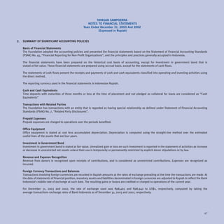 YAYASAN SAMPOERNA
                                                          NOTES TO FINANCIAL STATEMENTS
                                                       Years Ended December 31, 2003 And 2002
                                                                  (Expressed in Rupiah)


2.   SUMMARY OF SIGNIFICANT ACCOUNTING POLICIES

     Basis of Financial Statements
     The Foundation adopted the accounting policies and presented the financial statements based on the Statement of Financial Accounting Standards
     (PSAK) No. 45, “Financial Reporting for Non-Profit Organizations”, and the principles and practices generally accepted in Indonesia.

     The financial statements have been prepared on the historical cost basis of accounting, except for investment in government bond that is
     stated at fair value. These financial statements are prepared using accrual basis, except for the statements of cash flows.

     The statements of cash flows present the receipts and payments of cash and cash equivalents classified into operating and investing activities using
     the direct method.

     The reporting currency used in the financial statements is Indonesian Rupiah.

     Cash and Cash Equivalents
     Time deposits with maturities of three months or less at the time of placement and not pledged as collateral for loans are considered as “Cash
     Equivalents”

     Transactions with Related Parties
     The Foundation has transactions with an entity that is regarded as having special relationship as defined under Statement of Financial Accounting
     Standards (PSAK) No. 7, “Related Party Disclosures”.

     Prepaid Expenses
     Prepaid expenses are charged to operations over the periods benefited.

     Office Equipment
     Office equipment is stated at cost less accumulated depreciation. Depreciation is computed using the straight-line method over the estimated
     useful lives of the assets that are four years.

     Investment in Government Bond
     Investment in government bond is stated at fair value. Unrealized gain or loss on such investment is reported in the statement of activities as increase
     or decrease in unrestricted net assets unless their use is temporarily or permanantly restricted by explicit donor stipulations or by law.

     Revenue and Expense Recognition
     Revenue from donors is recognized upon receipts of contributions, and is considered as unrestricted contributions. Expenses are recognized as
     incurred.

     Foreign Currency Transactions and Balances
     Transactions involving foreign currencies are recorded in Rupiah amounts at the rates of exchange prevailing at the time the transactions are made. At
     the date of statements of financial position, monetary assets and liabilities denominated in foreign currencies are adjusted to Rupiah to reflect the Bank
     Indonesia’s middle rate of exchange at such date. The resulting gains or losses are credited or charged to operations of the current year.

     For December 31, 2003 and 2002, the rate of exchange used was Rp8,465 and Rp8,940 to US$1, respectively, computed by taking the
     average transactions exchange rates of Bank Indonesia as of December 31, 2003 and 2002, respectively.




                                                                                                                                                            47
 