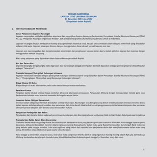YAYASAN SAMPOERNA
                                                        CATATAN ATAS LAPORAN KEUANGAN
                                                            31 Desember 2003 dan 2002
                                                             (Dinyatakan dalam Rupiah)


2.   IKHTISAR KEBIJAKAN AKUNTANSI

     Dasar Penyusunan Laporan Keuangan
     Yayasan menerapkan kebijakan-kebijakan akuntansi dan menyajikan laporan keuangan berdasarkan Pernyataan Standar Akuntansi Keuangan (PSAK)
     No. 45, “Pelaporan Keuangan Organisasi Nirlaba”, dan prinsip serta praktek akuntansi yang berlaku umum di Indonesia.

     Laporan keuangan disusun berdasarkan konsep biaya perolehan (historical cost), kecuali untuk investasi dalam obligasi pemerintah yang dinyatakan
     sebesar nilai wajar. Laporan keuangan disusun dengan menggunakan dasar akrual, kecuali laporan arus kas.

     Laporan arus kas menyajikan dan mengelompokan penerimaan dan pengeluaran kas dan setara kas ke dalam aktivitas operasi dan investasi dengan
     menggunakan metode langsung.

     Mata uang pelaporan yang digunakan dalam laporan keuangan adalah Rupiah.

     Kas dan Setara Kas
     Deposito berjangka dengan jangka waktu tiga bulan atau kurang sejak tanggal penempatan dan tidak digunakan sebagai jaminan pinjaman diklasifikasikan
     sebagai “Setara Kas”.

     Transaksi dengan Pihak-pihak Hubungan Istimewa
     Yayasan melakukan transaksi dengan pihak-pihak hubungan istimewa seperti yang dijelaskan dalam Pernyataan Standar Akuntansi Keuangan (PSAK)
     No. 7, “Pengungkapan Pihak-pihak yang Mempunyai Hubungan Istimewa”.

     Biaya Dibayar Di Muka
     Biaya dibayar di muka dibebankan pada usaha sesuai dengan masa manfaatnya.

     Peralatan Kantor
     Peralatan kantor dicatat sebesar biaya perolehan dikurangi akumulasi penyusutan. Penyusutan dihitung dengan menggunakan metode garis lurus
     berdasarkan taksiran masa manfaat ekonomis aktiva yaitu empat tahun.

     Investasi dalam Obligasi Pemerintah
     Investasi dalam obligasi pemerintah dinyatakan sebesar nilai wajar. Keuntungan atau kerugian yang belum terealisasi dalam investasi tersebut diakui
     dalam laporan aktivitas sebagai kenaikan atau penurunan dari aktiva bersih tidak terikat kecuali penggunaannya terikat secara temporer atau permanen
     oleh persyaratan eksplisit dari donatur atau berdasarkan hukum.

     Pengakuan Pendapatan dan Beban
     Pendapatan dari donatur diakui pada saat penerimaan sumbangan, dan dianggap sebagai sumbangan tidak terikat. Beban diakui pada saat terjadinya.

     Transaksi dan Saldo dalam Mata Uang Asing
     Transaksi dalam mata uang asing dicatat ke dalam Rupiah berdasarkan kurs yang berlaku pada saat transaksi dilakukan. Pada tanggal laporan posisi
     keuangan, aktiva dan kewajiban moneter dalam mata uang asing disesuaikan ke dalam mata uang Rupiah berdasarkan kurs tengah Bank Indonesia
     yang berlaku pada tanggal tersebut. Laba atau rugi kurs yang timbul dari transaksi dan penjabaran aktiva dan kewajiban moneter dalam mata uang
     asing, dikreditkan atau dibebankan pada usaha tahun berjalan.

     Pada tanggal 31 Desember 2003 dan 2002, nilai tukar mata uang Dolar Amerika Serikat yang digunakan masing-masing adalah Rp8.465 dan Rp8.940,
     dihitung berdasarkan kurs tengah transaksi yang dipublikasikan Bank Indonesia pada tanggal 31 Desember 2003 dan 2002.




                                                                                                                                                      57
 