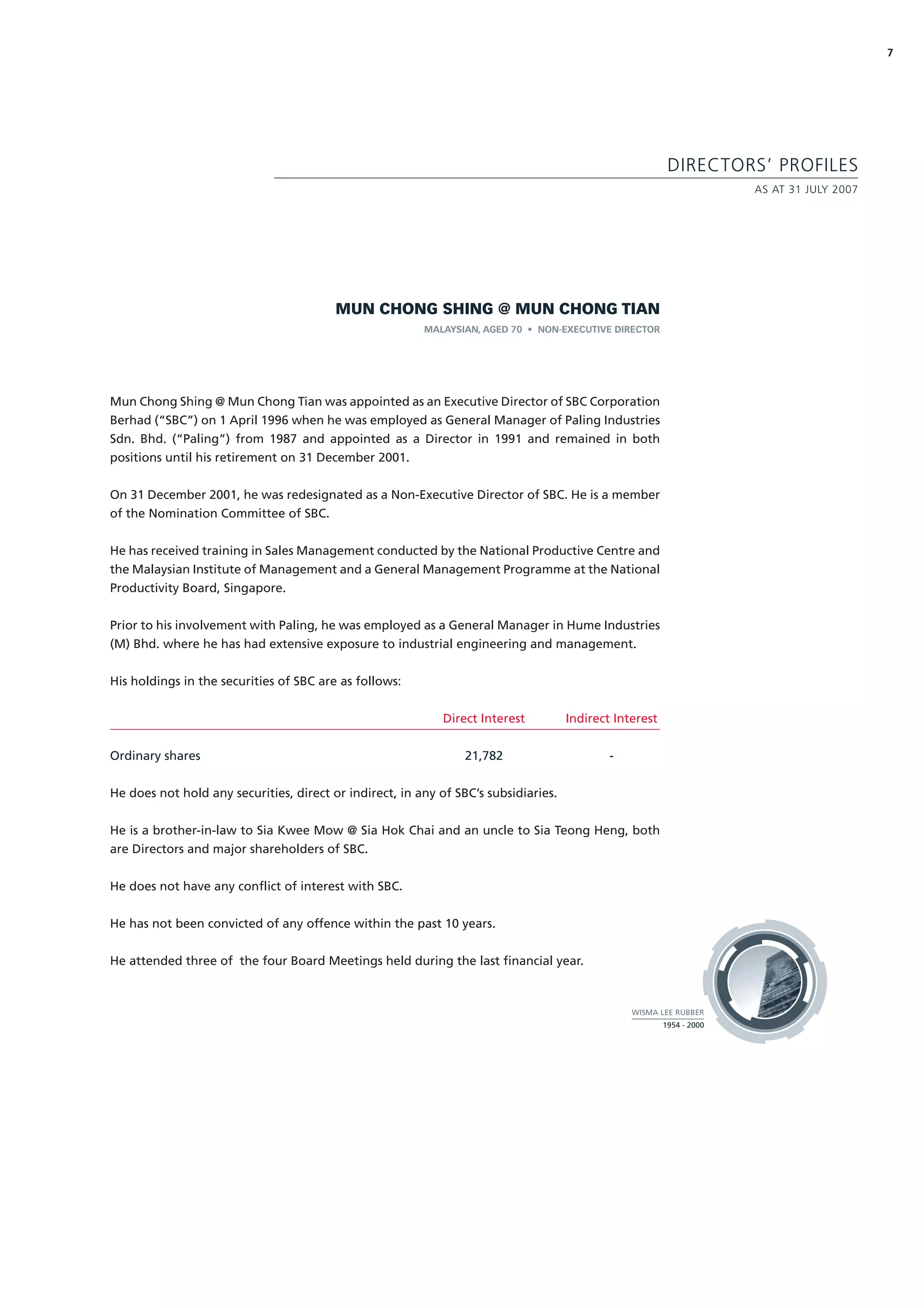 7




                                                                                                          DIRECTORS’ PROFILES
                                                                                                                       AS AT 31 JULY 2007




                                         MUN CHONG SHING @ MUN CHONG TIAN
                                                         MALAYSIAN, AGED 70 • NON-EXECUTIVE DIRECTOR




Mun Chong Shing @ Mun Chong Tian was appointed as an Executive Director of SBC Corporation
Berhad (“SBC”) on 1 April 1996 when he was employed as General Manager of Paling Industries
Sdn. Bhd. (“Paling”) from 1987 and appointed as a Director in 1991 and remained in both
positions until his retirement on 31 December 2001.


On 31 December 2001, he was redesignated as a Non-Executive Director of SBC. He is a member
of the Nomination Committee of SBC.


He has received training in Sales Management conducted by the National Productive Centre and
the Malaysian Institute of Management and a General Management Programme at the National
Productivity Board, Singapore.


Prior to his involvement with Paling, he was employed as a General Manager in Hume Industries
(M) Bhd. where he has had extensive exposure to industrial engineering and management.


His holdings in the securities of SBC are as follows:

                                                             Direct Interest         Indirect Interest


Ordinary shares                                                  21,782                      -


He does not hold any securities, direct or indirect, in any of SBC’s subsidiaries.


He is a brother-in-law to Sia Kwee Mow @ Sia Hok Chai and an uncle to Sia Teong Heng, both
are Directors and major shareholders of SBC.


He does not have any conflict of interest with SBC.


He has not been convicted of any offence within the past 10 years.


He attended three of the four Board Meetings held during the last financial year.



                                                                                                 WISMA LEE RUBBER
                                                                                                         1954 - 2000
 
