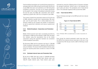 Annual Report 2009 22
Fixed broadband penetration per household was growing by an
average growth rate of 50% during the last five years. By the end
of year 2009, there were 12 households out of 100 having fixed
broadband connections. This also can be clearly represented
by the growth in the number of broadband subscribers during
the last five years. By 2009, DSL subscribers were 40,701,
registering a growth rate of 28.7% as compared to year 2008.
The number of leased line subscribers stands at 413 at the end
of 2009, exhibiting a growth rate of approximately 18% each
year, over the past 5 years. This is mainly fuelled due to the
demand created by the increase and growth of corporations
as well as government institutions and various e-government
initiatives.
3.3.3 Mobile Broadband - Subscribers and Penetration
rates
Mobile internet services have been successfully launched by
both Nawras in 2008 and Oman Mobile in 2009. TRA calculated
this indicator using the assumptions that all the mobile
subscribers having 3G supported handsets are considered
mobile broadband subscribers.
By December 2009, both the operators had total of 1,226,356
mobile broadband subscriptions, registering 43% penetration
rate per inhabitant. The actual mobile broadband internet users
during the reported period were counted at a total of 377,563
users.
3.3.4 Estimated Internet Users and Penetration Rate
By the end of 2009, there was a total of 1,236,658 estimated
internet users, including 453,183 fixed internet users and
783,475 mobile internet users. Fixed internet users were
estimated by using the multiplying factor of 5.8 which indicates
the average households’ internet users in the Sultanate from
age 5 years and above. The penetration rate of total internet
users in the Sultanate registered 43% by December 2009.
3.3.5 Fixed Internet ARPUs
Figure 13 throws some light on the ARPUs/month from internet
operations.
Figure 13: Fixed Internet ARPU
Source: TRA (Note: ARPU is calculated based on number of subscribers not
users).
Even though the internet penetration levels have been low,
the ARPUs from internet services have been on the rise. It has
increased from RO 19.2 per month in 2007 to RO 30 per month
in 2009.
Prev NextContent Prev NextContent
 