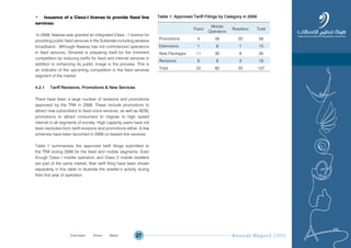 Annual Report 200927
• Issuance of a Class-I license to provide fixed line
services:
In 2009, Nawras was granted an integrated Class – I licence for
providing public fixed services in the Sultanate including wireless
broadband. Although Nawras has not commenced operations
in fixed services, Omantel is preparing itself for the imminent
competition by reducing tariffs for fixed and internet services in
addition to enhancing its public image in the process. This is
an indicator of the upcoming competition in the fixed services
segment of the market.
4.2.1 Tariff Revisions, Promotions & New Services
There have been a large number of revisions and promotions
approved by the TRA in 2009. These include promotions to
attract new subscribers to fixed voice services, as well as ADSL
promotions to attract consumers to migrate to high speed
internet in all segments of society. High capacity users have not
been excluded from tariff revisions and promotions either. A few
schemes have been launched in 2009 on leased line services.
Table 1 summarises the approved tariff filings submitted to
the TRA during 2009 for the fixed and mobile segments. Even
though Class I mobile operators and Class 2 mobile resellers
are part of the same market, their tariff filing have been shown
separately in this table to illustrate the reseller’s activity during
their first year of operation.
Table 1: Approved Tariff Filings by Category in 2009
Fixed
Mobile
Operators
Resellers Total
Promotions 4 35 20 59
Extensions 1 8 1 10
New Packages 11 30 9 50
Revisions 6 9 3 18
Total 22 82 33 137
Prev NextContent Prev NextContent
 