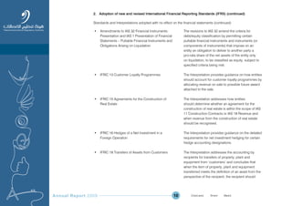 Annual Report 2009 10
2. Adoption of new and revised International Financial Reporting Standards (IFRS) (continued)
Standards and Interpretations adopted with no effect on the financial statements (continued)
• Amendments to IAS 32 Financial Instruments:
Presentation and IAS 1 Presentation of Financial
Statements – Puttable Financial Instruments and
Obligations Arising on Liquidation
• IFRIC 13 Customer Loyalty Programmes
• IFRIC 15 Agreements for the Construction of
Real Estate
• IFRIC 16 Hedges of a Net Investment in a
Foreign Operation
• IFRIC 18 Transfers of Assets from Customers
The revisions to IAS 32 amend the criteria for
debt/equity classification by permitting certain
puttable financial instruments and instruments (or
components of instruments) that impose on an
entity an obligation to deliver to another party a
pro-rata share of the net assets of the entity only
on liquidation, to be classified as equity, subject to
specified criteria being met.
The Interpretation provides guidance on how entities
should account for customer loyalty programmes by
allocating revenue on sale to possible future award
attached to the sale.
The Interpretation addresses how entities
should determine whether an agreement for the
construction of real estate is within the scope of IAS
11 Construction Contracts or IAS 18 Revenue and
when revenue from the construction of real estate
should be recognised.
The Interpretation provides guidance on the detailed
requirements for net investment hedging for certain
hedge accounting designations.
The Interpretation addresses the accounting by
recipients for transfers of property, plant and
equipment from ‘customers’ and concludes that
when the item of property, plant and equipment
transferred meets the definition of an asset from the
perspective of the recipient, the recipient should
Prev NextContent Prev NextContent
 