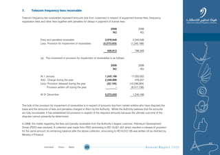 Annual Report 200923
7. Telecom frequency fees receivable
Telecom frequency fee receivables represent amounts due from customers in respect of equipment license fees, frequency
registration fees and other fees together with penalties for delays in payment of license fees.
2009 2008
RO RO
Fees and penalties receivable 3,678,946 2,043,538
Less: Provision for impairment of receivables (3,273,033) (1,245,189)
405,913 798,349
(a) The movement in provision for impairment of receivables is as follows:
2009 2008
RO RO
At 1 January 1,245,189 17,020,002
Add: Charge during the year 2,049,999 479,207
Less: Provision released during the year (22,155) (10,236,284)
Provision written off during the year - (6,017,736)
At 31 December 3,273,033 1,245,189
The bulk of the provision for impairment of receivables is in respect of amounts due from certain entities who have disputed the
basis and the amounts of fees and penalties charged to them by the Authority. Whilst the Authority believes that the amounts
are fully recoverable, it has established full provision in respect of the disputed amounts because the ultimate outcome of the
disputes cannot presently be determined.
In 2008, the matter regarding the fees and penalty receivable from the Authority’s largest customer, Petroleum Development
Oman (PDO) was resolved. A collection was made from PDO amounting to RO 10,021,457 which resulted in release of provision
for the same amount. Its remaining balance after the above collection, amounting to RO 6,012,135 was written off as directed by
Ministry of Finance.
Prev NextContent Prev NextContent
 
