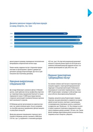 31
дення водного режиму, проведення теплохімічних
випробувань енергетичних котлів тощо.
Таким чином, надання послуг стороннім підпри­
ємствам та організаціям є одним із джерел до­
даткового доходу Енергоналадки. До того ж цей
показник має позитивну динаміку.
Навчання енергетичних
спеціальностей
До складу Київенерго належить філіал «Учбовий
центр», який здійснює якісну професійну підготов­
ку і перепідготовку працівників Компанії та інших
підприємств галузі. У 2009 році представники
сторонніх організацій становили близько третини
всієї чисельності слухачів.
В Учбовому центрі організовано як короткостро­
кові, так і довгострокові курси. Усього напрямів
та способів навчання працівників у філіалі минуло­
го року було понад 50.
Дохід від навчання працівників сторонніх орга­
нізацій в Учбовому центрі становив у 2009 році
510 тис. грн. ( у порівнянні з плановим доходом
425 тис. грн.). На підставі розрахунків можливої
кількості слухачів різних курсів на 2010 рік вста­
новлено плановий дохід від надання послуг сто­
роннім організаціям на суму 387,6 тис. грн.
Надання транспортних
і рекреаційних послуг
За схожою схемою свої послуги стороннім орга­
нізаціям надають структурний відокремлений
підрозділ «Спеценергоавтосервіс Київенерго»
(пасажирські та вантажні перевезення), а також
СВП «Енергосервіс» (утримує та обслуговує соці­
альні об’єкти, бази відпочинку Компанії).
Зокрема, минулого року Енергосервіс отримав
ліцензію, яка дала можливість надавати на комер­
ційній основі послуги, пов’язані з організацією
та проведенням спортивних занять у комплексі
за адресою: вул. Пухівська, 1-А. Так, вперше за всю
історію існування спортивно-оздоровчого комп­
лексу отримано дохід у розмірі 1,34 млн. грн. Також
філіал приймає відпочивальників на власних базах,
зокрема на базі «Енергія» у Ворзелі.
2005
2006
2007
2008
2009
205
235,1
226,8 226,8
231,8
184,7
Динаміка завезення твердих побутових відходів
на завод «Енергія», тис. тонн
 