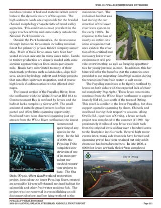 WRIA 10: PUYALLUP/WHITE RIVER WATERSHED


mendous volume of bed load material which contri-        mainstem river. The
butes to the dynamic nature of the system. The           reclaimed habitat was
high sediment loads are responsible for the braided      lost during the con-
channel morphology characteristic of broad valley        struction of the lower
segments. This condition is most prevalent in the        river levee system in
upper reaches within and immediately outside the         the early 1900’s. In
National Park boundaries.                                response to the loss of
   Outside the Park boundaries, the rivers course        nearly an entire estu-
through industrial forestlands including national        arine ecosystem that
forest but primarily private timber company owner-       once existed, the crea-
ship. Much of these forestlands have been har-           tion of this critical and
vested at least once and in many cases twice. Lands      necessary lower river
in timber production are densely roaded with some        environment will pro-
sections approaching six lineal miles per square         vide overwintering, as well as foraging opportuni-
mile. Roads have contributed to many of their            ties for young juvenile salmon. In addition, this ha-
trademark problems such as landslides, slope fail-       bitat will offer the benefits that the estuaries once
ures, altered hydrology, culvert and bridge projects     provided to out migrating (smolting) salmon during
that can effect upstream migration, and of course        the transition from fresh water to salt water.
high levels if sedimentation within effected drai-           The Puyallup continues to be tightly confined by
nages.                                                   levees on both sides with the expected lack of chan-
   The lowest section of the Puyallup River, from        nel complexity (top right). These levee constraints
the confluence with the White River at RM 10.4 to        continue from the White River confluence to approx-
Commencement Bay is confined by levees and the           imately RM 25, just south of the town of Orting.
habitat lacks complexity (lower left). The small         This reach is similar to the lower Puyallup, but does
amount of suitable gravel present is often com-          support sporadic spawning by chum, Chinook and
pacted and offers little spawning opportunity.           steelhead during their respective seasons. Along
Steelhead have been observed spawning just up-           Orville Rd., upstream of Orting, a levee setback
stream from the White River confluence; the lowest       project was completed in the summer of 1999. Ap-
                                    documented           proximately 2 miles of new levee was built back
                                    spawning of any      from the original levee adding over a hundred acres
                                    species in the       to the floodplain in this reach. Several high water
                                    river. In the fall   events later, many side channels have formed and
                                    of 2008, the         spawning gravel has been retained but only adult
                                    Puyallup Tribe       chum use has been documented. In late 2006, a
                                    completed con-       6000 foot levee set-back (below) was completed
                                    struction of one
                                    of its most pre-                                    City of Orting
                                    valent wa-
                                    tershed restora-
  The lower Puyallup River (@ I-5)
                                    tion projects to
                                    date. The Sha          Levee set-back
Dadx (Frank Albert Road) wetland restoration
project, located on the lower Puyallup River, created
an accessible 12-acre off-channel wetland habitat for
salmonids and other freshwater resident fish. The
project was instrumental in reestablishing an old
disconnected oxbow and low lying wetland to the
PUYALLUP TRIBAL FISHERIES
2009-2010 ANNUAL SALMON, STEELHEAD, AND BULL TROUT REPORT                                                Page 111
 