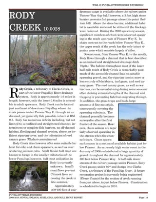 WRIA 10: PUYALLUP/WHITE RIVER WATERSHED


                                                         dromous usage is available above the culvert under

RODY                                                     Pioneer Way (top left); however, a 3 foot high stone
                                                         barrier prevents fish passage above this point (bot-
                                                         tom left). Above the stone barrier, additional habi-

CREEK 10.0028                                            tat is available and could be utilized if the blockage
                                                         were removed. During the 2006 spawning season,
                                                         significant numbers of chum were observed spawn-
                                                         ing in the reach upstream of Pioneer Way E. In
                                                         sharp contrast to the reach below Pioneer Way E.,
                                                         the upper reach of the creek has the only intact ri-
                                                         parian zone which consists largely of alder.
                                                             Downstream, from Pioneer Way E. to the mouth,
                                                         Rody flows through a channel that is best described
                                                         as an incised and straightened drainage ditch
                                                         (right). The habitat throughout most of the lower
                                                         half mile reach of Rody Creek is remarkably poor;
                                                         much of the accessible channel has no suitable
                                                         spawning gravel, and the riparian consist more or
                                                         less entirely of blackberry, turf grass, and reed ca-
                                                         nary grass. The reed canary grass, as well as wa-



R
         ody Creek, a tributary to Clarks Creek, is      tercress, can be overwhelming during some seasons;
         part of the lower Puyallup River drainage       often choking extended lengths of the channel and
         system. Rody is approximately 1.6 miles in      trapping or preventing fish from migrating through.
length; however, only the lower 0.6 miles is accessi-    In addition, the grass traps and holds large
ble to adult spawners. Rody Creek can be located         amounts of fine materials,
just northeast of downtown Puyallup where the            consequently covering the
creek passes under Pioneer Way E. through an un-         spawning substrate. The
dersized, yet generally fish passable culvert at RM      channel generally becomes
0.5. Rody has numerous deficits including, but not       surveyable after the first
limited to; a confined and straightened channel, in-     freshet of the season. How-
termittent or complete fish barriers, no off-channel     ever, chum salmon are regu-
habitat, flooding and channel erosion, absent or de-     larly observed spawning in
ficient riparian cover, and the infestation of reed      the stream when the chan-
canary grass (Phalaris arundinacea).                     nel clears. Chum spawn
    Rody Creek does however offer some suitable ha-      each season in a section of available habitat just be-
bitat for coho and chum spawners, as well as over-       low Pioneer. An extremely high water event in the
wintering juvenile coho. Adult fluvial bull trout are    January of 2006 redistributed a large quantity of
known to forage in the smaller tributaries of the        gravel throughout the channel for approximately
lower Puyallup; however, bull trout utilization in       300 feet below Pioneer Way. A half mile down-
                                 Rody is currently       stream of the culvert passage under Pioneer, Rody
                                 unknown. Insuffi-       Creek passes under 66th and dumps into Clarks
                                  cient flows prevent    Creek, a tributary of the Puyallup River. A future
                                  Chinook from ac-       restoration project is currently being engineered
                                  cessing the creek in   (Pierce County) for the section of creek running
                                  late summer.           from just above, to just below Pioneer. Construction
                                     Approximately       is scheduled to begin in 2010.
                                  300-400 feet of ana-
PUYALLUP TRIBAL FISHERIES
2009-2010 ANNUAL SALMON, STEELHEAD, AND BULL TROUT REPORT                                               Page 116
 