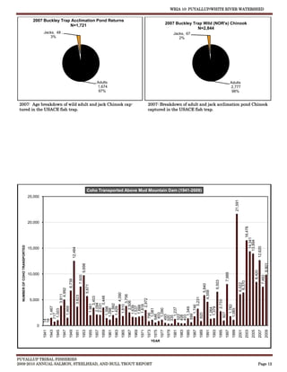 WRIA 10: PUYALLUP/WHITE RIVER WATERSHED


                                 2007 Buckley Trap Acclimation Pond Returns
                                                  N=1,721                                                                                                                        2007 Buckley Trap Wild (NOR's) Chinook
                                                                                                                                                                                                N=2,844
                                        Jacks, 48 ,                                                                                                                                     Jacks, 67
                                           3%                                                                                                                                              2%




                                                                                                     Adults                                                                                                                                            Adults
                                                                                                     1,674                                                                                                                                             2,777
                                                                                                      97%                                                                                                                                               98%


 2007: Age breakdown of wild adult and jack Chinook cap-                                                                                                    2007: Breakdown of adult and jack acclimation pond Chinook
 tured in the USACE fish trap.                                                                                                                              captured in the USACE fish trap.




                                                                                            Coho Transported Above Mud Mountain Dam (1941-2009)
                               25,000




                                                                                                                                                                                                                                                           21,591
                               20,000




                                                                                                                                                                                                                                                                              16,476
                                                                                                                                                                                                                                                                        14,341
                                                                                                                                                                                                                                                                       13,894
  NUMBER OF COHO TRANSPORTED




                                                                                                                                                                                                                                                                                       12,620
                               15,000
                                                                        12,484




                                                                                                                                                                                                                                                                                                9,801
                                                                                                                    9,698




                                                                                                                                                                                                                                                                                   8,420
                                                                                                               7,988




                               10,000
                                                                                 7,500




                                                                                                                                                                                                                                                                                            7,482
                                                                    6,739




                                                                                                           6,503




                                                                                                                                                                                                                                                                 6,370
                                                                                                                                                                                                                                                                6,022
                                                                                                        5,840
                                                                                                        5,671
                                                            4,992




                                                                                                    4,558
                                                                                                   4,090
                                                         3,811




                                                                                                  3,756
                                                                             3,623




                                                                                                 3,448
                                                                                                3,403




                                                                                                3,231
                                                                                               2,972




                                5,000
                                                                                              2,733
                                                                                             2,506
                                                                                           2,094
                                                                                           2,031


                                                                                           1,992
                                                                                           1,961




                                                                                          1,818
                                                                                          1,810




                                                                                          1,782
                                                                                          1,746
                                                                                          1,688
                                                                                          1,639
                                                                                         1,537
                                                 1,467



                                                                1,469




                                                                                         1,429
                                                                                         1,398




                                                                                         1,379
                                                                                         1,349




                                                                                        1,264
                                                                                        1,237
                                                                                        1,098




                                                                                        1,090
                                                                                        1,081




                                                                                        1,065
                                                1,003




                                                                                       927
                                                                                       833




                                                                                       820
                                                                                       796
                                               717




                                                                                      599
                                                                                      546




                                                                                     522
                                                                                     493



                                                                                     408
                                                                                     403
                                                                                     335
                                                                                     320
                                        18
                                        14




                                   0
                                        1941
                                               1943
                                                      1945
                                                             1947
                                                                    1949
                                                                             1951
                                                                                     1953
                                                                                             1955
                                                                                                    1957
                                                                                                           1959
                                                                                                                  1961
                                                                                                                         1963
                                                                                                                                1965
                                                                                                                                       1967
                                                                                                                                              1969
                                                                                                                                                     1971
                                                                                                                                                            1973
                                                                                                                                                                   1975
                                                                                                                                                                          1977
                                                                                                                                                                                 1979
                                                                                                                                                                                        1981
                                                                                                                                                                                               1983
                                                                                                                                                                                                      1985
                                                                                                                                                                                                             1987
                                                                                                                                                                                                                    1989
                                                                                                                                                                                                                           1991
                                                                                                                                                                                                                                  1993
                                                                                                                                                                                                                                         1995
                                                                                                                                                                                                                                                1997
                                                                                                                                                                                                                                                        1999
                                                                                                                                                                                                                                                                2001
                                                                                                                                                                                                                                                                       2003
                                                                                                                                                                                                                                                                               2005
                                                                                                                                                                                                                                                                                       2007
                                                                                                                                                                                                                                                                                                2009




                                                                                                                                                               YEAR




PUYALLUP TRIBAL FISHERIES
2009-2010 ANNUAL SALMON, STEELHEAD, AND BULL TROUT REPORT                                                                                                                                                                                                                              Page 12
 