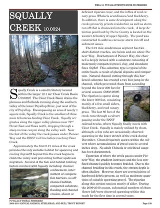 WRIA 10: PUYALLUP/WHITE RIVER WATERSHED


                                                          deficient riparian cover, and the influx of reed ca-
SQUALLY                                                   nary grass (Phalaris arundinacea) and blackberry.
                                                          In addition, there is some development along the
                                                          creek; primarily private residential, as well as storm
CREEK 10.0024                                             run-off that is channeled into the creek. A large de-
                                                          tention pond built by Pierce County is located on the
                                                          western tributary of upper Squally. The pond was
                                                          constructed to address excessive storm run-off and
                                                          sediment issues.
                                                              The 0.21 mile anadromous segment has two
                                                          short distinct reaches, one below and one above Pio-
                                                          neer Way. Downstream of Pioneer Way, the chan-
                                                          nel is deeply incised with a substrate consisting of
                                                          moderately compacted gravel, clay, and abundant
                                                          fines (right). This substrate type is typical of the
                                                          entire basin; a result of glacial deposits and compac-
                                                          tion. Natural channel cutting through this har-
                                                          dened substrate has created a two foot jump in the
                                                          channel, which prevented chum from ascending



S
                                                          beyond the lower 200 feet for
        qually Creek is a small tributary located
                                                          several seasons (2002-2008).
        within the larger 12.1 mi2 Clear Creek Basin
                                                          The riparian is sparse along
        (10.0022). The Clear Creek Basin drains the
                                                          the lower 300 feet, consisting
plateaus and flatlands running along the southern
                                                          mainly of a few small alders,
valley of the lower Puyallup River, just west of the
                                                          blackberry, and reed canary
city of Puyallup. Encompassing an area of nearly 1
                                                          grass. The last 80 feet of the
square mile, Squally Creek is the smallest of three
                                                          creek runs through a culvert
main tributaries feeding Clear Creek. Squally ori-
                                                          passing under the BNSF
ginates along the upper valley plateau near 72nd
                                                          railroad tracks, where Squally finally meets with
Street East and flows north, dropping through a
                                                          Clear Creek. Squally is mainly utilized by chum,
steep narrow canyon along the valley wall. Near
                                                          although, a few coho are occasionally observed
the foot of the valley the creek passes under Pioneer
                                                          spawning in the lower stretch of the creek during
Way and the BNSF rail line before reaching Clear
                                                          December. Chum frequently spawn within the cul-
Creek.
                                                          vert where accumulations of gravel can be several
   Approximately the first 0.21 miles of the creek
                                                          inches deep. No adult Chinook or steelhead usage
provides the only suitable habitat for spawning and
                                                          has been documented.
rearing (top left); beyond this the creek begins to
                                                              Upstream of where the creek passes under Pio-
climb the valley wall preventing further upstream
                                                          neer Way, the gradient increases and the less con-
migration. Several of the fish and habitat limiting
                                                          fined channel quickly becomes braided. Due to the
factors involved with Squally including; channel
                                                          channel braiding in this reach, the stream depth is
                                 confinement, inter-
                                                          often shallow. However, there are several pieces of
                                 mittent or complete
                                                          hardwood debris present, as well as moderate quan-
                                 fish barriers, no off-
                                                          tities of suitable spawning gravel. The riparian
                                 channel habitat,
                                                          along this section consists mostly of alder. During
                                 compacted substrate,
                                                          the 2009-2010 season, substantial numbers of chum
                                 flooding and channel
                                                          (lower left) were observed spawning within this
                                 erosion, absent or
                                                          reach for the first time in several years.
PUYALLUP TRIBAL FISHERIES
2009-2010 ANNUAL SALMON, STEELHEAD, AND BULL TROUT REPORT                                                Page 139
 