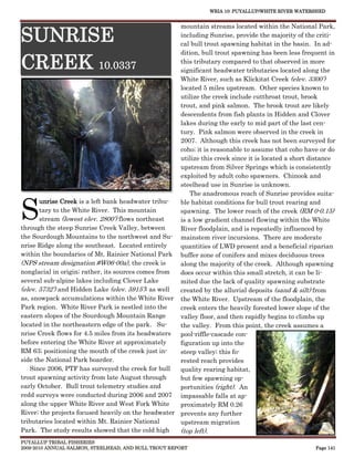 WRIA 10: PUYALLUP/WHITE RIVER WATERSHED


                                                     mountain streams located within the National Park,

SUNRISE                                              including Sunrise, provide the majority of the criti-
                                                     cal bull trout spawning habitat in the basin. In ad-
                                                     dition, bull trout spawning has been less frequent in

CREEK 10.0337                                        this tributary compared to that observed in more
                                                     significant headwater tributaries located along the
                                                     White River, such as Klickitat Creek (elev. 3300’)
                                                     located 5 miles upstream. Other species known to
                                                     utilize the creek include cutthroat trout, brook
                                                     trout, and pink salmon. The brook trout are likely
                                                     descendents from fish plants in Hidden and Clover
                                                     lakes during the early to mid part of the last cen-
                                                     tury. Pink salmon were observed in the creek in
                                                     2007. Although this creek has not been surveyed for
                                                     coho; it is reasonable to assume that coho have or do
                                                     utilize this creek since it is located a short distance
                                                     upstream from Silver Springs which is consistently
                                                     exploited by adult coho spawners. Chinook and
                                                     steelhead use in Sunrise is unknown.
                                                         The anadromous reach of Sunrise provides suita-


S
       unrise Creek is a left bank headwater tribu-  ble habitat conditions for bull trout rearing and
       tary to the White River. This mountain        spawning. The lower reach of the creek (RM 0-0.15)
       stream (lowest elev. 2800’) flows northeast   is a low gradient channel flowing within the White
through the steep Sunrise Creek Valley, between      River floodplain, and is repeatedly influenced by
the Sourdough Mountains to the northwest and Su- mainstem river incursions. There are moderate
nrise Ridge along the southeast. Located entirely    quantities of LWD present and a beneficial riparian
within the boundaries of Mt. Rainier National Park buffer zone of conifers and mixes deciduous trees
(NPS stream designation #W06-00a), the creek is      along the majority of the creek. Although spawning
nonglacial in origin; rather, its sources comes from does occur within this small stretch, it can be li-
several sub-alpine lakes including Clover Lake       mited due the lack of quality spawning substrate
(elev. 5732’) and Hidden Lake (elev. 5915’); as well created by the alluvial deposits (sand & silt) from
as, snowpack accumulations within the White River the White River. Upstream of the floodplain, the
Park region. White River Park is nestled into the    creek enters the heavily forested lower slope of the
eastern slopes of the Sourdough Mountain Range       valley floor, and then rapidly begins to climbs up
located in the northeastern edge of the park. Su-    the valley. From this point, the creek assumes a
nrise Creek flows for 4.5 miles from its headwaters  pool-riffle-cascade con-
before entering the White River at approximately     figuration up into the
RM 63; positioning the mouth of the creek just in-   steep valley; this fo-
side the National Park boarder.                      rested reach provides
   Since 2006, PTF has surveyed the creek for bull   quality rearing habitat,
trout spawning activity from late August through     but few spawning op-
early October. Bull trout telemetry studies and      portunities (right). An
redd surveys were conducted during 2006 and 2007 impassable falls at ap-
along the upper White River and West Fork White      proximately RM 0.26
River; the projects focused heavily on the headwater prevents any further
tributaries located within Mt. Rainier National      upstream migration
Park. The study results showed that the cold high    (top left).
PUYALLUP TRIBAL FISHERIES
2009-2010 ANNUAL SALMON, STEELHEAD, AND BULL TROUT REPORT                                            Page 141
 