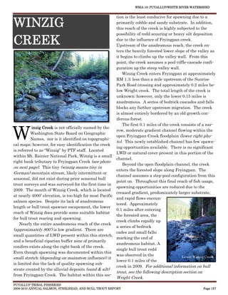 WRIA 10: PUYALLUP/WHITE RIVER WATERSHED


                                                        tion is the least conducive for spawning due to a

WINZIG                                                  primarily cobble and sandy substrate. In addition,
                                                        this reach of the creek is highly subjected to the
                                                        possibility of redd scouring or heavy silt deposition

CREEK                                                   due to the influence of Fryingpan creek.
                                                        Upstream of the anadromous reach, the creek en-
                                                        ters the heavily forested lower slope of the valley as
                                                        it begins to climbs up the valley wall. From this
                                                        point, the creek assumes a pool-riffle-cascade confi-
                                                        guration up the steep valley wall.
                                                            Winzig Creek enters Fryingpan at approximately
                                                        RM 1.3; less than a mile upstream of the Sunrise
                                                        Park Road crossing and approximately 0.2 miles be-
                                                        low Wright creek. The total length of the creek is
                                                        unknown; however, only the lower 0.15 miles is
                                                        anadromous. A series of bedrock cascades and falls
                                                        blocks any further upstream migration. The creek
                                                        is almost entirely bordered by an old growth con-
                                                        iferous forest.



W
                                                            The first 0.1 miles of the creek consists of a nar-
           inzig Creek is not officially named by the
                                                        row, moderate gradient channel flowing within the
          Washington State Board on Geographic
                                                        open Fryingpan Creek floodplain (lower right pho-
          Names, nor is it identified on topographi-
                                                        to). This newly established channel has few spawn-
cal maps; however, for easy identification the creek
                                                        ing opportunities available. There is no significant
is referred to as “Winzig” by PTF staff. Located
                                                        LWD or natural cover present in this portion of the
within Mt. Rainier National Park, Winzig is a small
                                                        channel.
right bank tributary to Fryingpan Creek (see photo
                                                            Beyond the open floodplain channel, the creek
on next page). This tiny (winzig means tiny in
                                                        enters the forested slope along Fryingpan. The
German) mountain stream, likely intermittent or
                                                        channel assumes a step-pool configuration from this
seasonal, did not exist during prior seasonal bull
                                                        point on. Throughout this final reach of fish usage,
trout surveys and was surveyed for the first time in
                                                        spawning opportunities are reduced due to the
2009. The mouth of Winzig Creek, which is located
                                                        creased gradient, predominately larger substrate,
at nearly 4000’ elevation, is too high for most Pacific
                                                        and rapid flows encoun-
salmon species. Despite its lack of anadromous
                                                        tered. Approximately
length or bull trout spawner escapement, the lower
                                                        0.1 miles after entering
reach of Winzig does provide some suitable habitat
                                                        the forested area, the
for bull trout rearing and spawning.
                                                        creek climbs rapidly up
    Nearly the entire anadromous reach of the creek
                                                        a series of bedrock
(approximately 800’) is low gradient. There are
                                                        cades and small falls;
small quantities of LWD present within this stretch,
                                                        marking the end of
and a beneficial riparian buffer zone of primarily
                                                        anadromous habitat. A
conifers exists along the right bank of the creek.
                                                        single bull trout redd
Even though spawning was documented within this
                                                        was observed in the                   Lower Winzig Creek
small stretch (depending on mainstem influence); it
                                                        lower 0.1 miles of the
is limited due the lack of quality spawning sub-
                                                        creek in 2009. For additional information on bull
strate created by the alluvial deposits (sand & silt)
                                                        trout, see the following description section on
from Fryingpan Creek. The habitat within this sec-
                                                         Wright Creek.
PUYALLUP TRIBAL FISHERIES
2009-2010 ANNUAL SALMON, STEELHEAD, AND BULL TROUT REPORT                                                Page 157
 