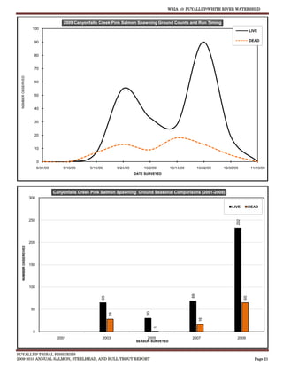 WRIA 10: PUYALLUP/WHITE RIVER WATERSHED


                                           2009 Canyonfalls Creek Pink Salmon Spawning Ground Counts and Run Timing
                        100
                                                                                                                                                LIVE

                         90                                                                                                                     DEAD


                         80


                         70
  NUMBER OBSERVED




                         60


                         50


                         40


                         30


                         20


                         10


                             0
                             8/31/09       9/10/09     9/16/09         9/24/09       10/2/09       10/14/09        10/22/09   10/30/09           11/10/09
                                                                                 DATE SURVEYED




                                       Canyonfalls Creek Pink Salmon Spawning Ground Seasonal Comparisons (2001-2009)
                       300

                                                                                                                                  LIVE          DEAD


                       250




                                                                                                                                     232
                       200
    NUMBER OBSEREVED




                       150




                       100
                                                                                                              69
                                                             65




                                                                                                                                           65




                        50
                                                                                      30
                                                                  28




                                                                                                                    16
                                                                                           1




                        0
                                        2001                 2003                      2005                   2007                   2009
                                                                                 SEASON SURVEYED



PUYALLUP TRIBAL FISHERIES
2009-2010 ANNUAL SALMON, STEELHEAD, AND BULL TROUT REPORT                                                                                          Page 21
 