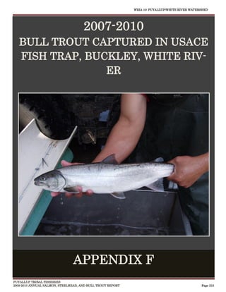 WRIA 10: PUYALLUP/WHITE RIVER WATERSHED




                                     2007-2010
   BULL TROUT CAPTURED IN USACE
   FISH TRAP, BUCKLEY, WHITE RIV-
                 ER




                                                                                                      
                                APPENDIX F
PUYALLUP TRIBAL FISHERIES
2009-2010 ANNUAL SALMON, STEELHEAD, AND BULL TROUT REPORT                                      Page 215
 