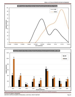 WRIA 10: PUYALLUP/WHITE RIVER WATERSHED


                                             2009 Canyonfalls Chum Salmon Spawning Ground Counts and Run Timing
             100
                                                                                                                                        LIVE
                    90
                                                                                                                                        DEAD


                    80


                    70
  NUMBER OBSERVED




                    60


                    50


                    40


                    30


                    20


                    10


                     0
                    11/18/09          11/22/09         11/30/09      12/8/09         12/18/09          12/23/09           12/29/09      1/5/10         1/13/10            1/20/10
                                                                                           DATE SURVEYED




                                     Canyonfalls Creek Chum Salmon Spawning Ground Seasonal Comparisons (2001-2009)
         1,200


                                                                                                                                                                 LIVE
                                     981




         1,000                                                                                                                                                   DEAD



                    800
  NUMBER OBSERVED




                                                                                                                    632
                                                                                                                          557




                    600
                               407




                                                       398




                    400
                                                                                                                                       327
                                                                                     289




                                                                                                                                     289




                                                                                                                                                                           271
                                                 246




                                                                                                       232




                                                                                                                                                 213




                                                                                                                                                                    189
                                                                               178




                    200
                                                                                                 108




                                                                                                                                                       108
                                                                   96
                                                                  69




                         0
                               2001              2002             2003         2004              2005               2006             2007        2008               2009
                                                                                            SEASON SURVEYED

2009 Canyonfalls Creek chum graphs were generated using survey data collected by WDFW biologists.
PUYALLUP TRIBAL FISHERIES
2009-2010 ANNUAL SALMON, STEELHEAD, AND BULL TROUT REPORT                                                                                                                  Page 23
 