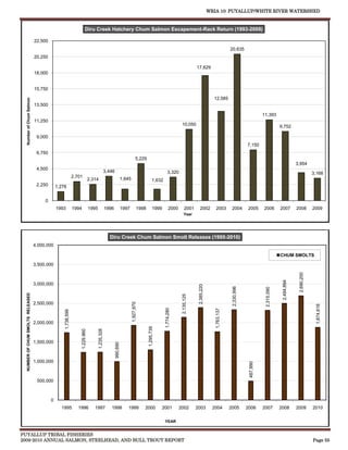 WRIA 10: PUYALLUP/WHITE RIVER WATERSHED


                                                                          Diru Creek Hatchery Chum Salmon Escapement-Rack Return (1993-2009)

                                   22,500
                                                                                                                                                                                                               20,635
                                   20,250

                                                                                                                                                                                   17,629
                                   18,000


                                   15,750

                                                                                                                                                                                                  12,585
  Number of Chum Salmon




                                   13,500

                                                                                                                                                                                                                                       11,393
                                   11,250
                                                                                                                                                                       10,050                                                                       9,752

                                    9,000
                                                                                                                                                                                                                            7,150
                                    6,750
                                                                                                                                   5,229
                                                                                                                                                                                                                                                                 3,954
                                    4,500
                                                                                                   3,446                                                     3,320                                                                                                            3,168
                                                                2,701                                                1,645
                                                                                2,314                                                             1,632
                                    2,250       1,276


                                        0
                                                1993            1994            1995               1996              1997            1998         1999         2000       2001        2002         2003         2004        2005       2006         2007         2008         2009
                                                                                                                                                                         Year




                                                                                                     Diru Creek Chum Salmon Smolt Releases (1995-2010)
                                   4,000,000

                                                                                                                                                                                                                                                    CHUM SMOLTS

                                   3,500,000




                                                                                                                                                                                                                                                                  2,690,200
                                   3,000,000                                                                                                                                                                                                         2,494,894
                                                                                                                                                                                    2,385,220




                                                                                                                                                                                                                2,330,996




                                                                                                                                                                                                                                        2,315,090
  NUMBER OF CHUM SMOLTS RELEASED




                                                                                                                                                                       2,135,125




                                   2,500,000
                                                                                                                             1,927,970




                                                                                                                                                                                                                                                                               1,874,618
                                                                                                                                                          1,774,280




                                                                                                                                                                                                   1,763,137
                                                    1,738,599




                                   2,000,000
                                                                                                                                            1,295,739
                                                                                       1,235,328
                                                                    1,229,960




                                   1,500,000
                                                                                                           990,690




                                   1,000,000
                                                                                                                                                                                                                             487,990




                                    500,000



                                            0
                                                  1995             1996            1997               1998              1999             2000           2001          2002         2003           2004         2005         2006       2007         2008         2009         2010

                                                                                                                                                          YEAR


PUYALLUP TRIBAL FISHERIES
2009-2010 ANNUAL SALMON, STEELHEAD, AND BULL TROUT REPORT                                                                                                                                                                                                                     Page 55
 