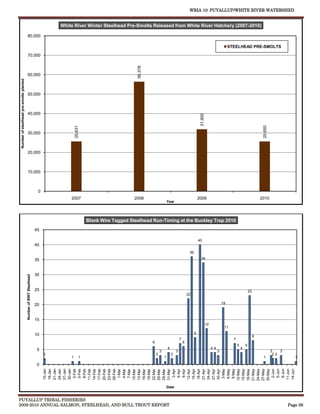 WRIA 10: PUYALLUP/WHITE RIVER WATERSHED


                                                                            White River Winter Steelhead Pre-Smolts Released from White River Hatchery (2007-2010)

                                           80,000

                                                                                                                                                                                                      STEELHEAD PRE-SMOLTS

                                           70,000




                                                                                                                  56,378
                                           60,000
Number of steelhead pre-smolts planted




                                           50,000



                                           40,000




                                                                                                                                                                          31,900




                                                                                                                                                                                                                                  25,650
                                                                                    25,631




                                           30,000



                                           20,000



                                           10,000



                                                                    0
                                                                                2007                             2008                                                    2009                                                    2010
                                                                                                                                           Year




                                                                                             Blank Wire Tagged Steelhead Run-Timing at the Buckley Trap 2010
                                                                   45

                                                                                                                                                                         40
                                                                   40
                                                                                                                                                                36

                                                                   35                                                                                                      34



                                                                   30
                                         Number of BWT Steelhead




                                                                   25                                                                                                                                                   23
                                                                                                                                                               22

                                                                   20                                                                                                                            19



                                                                   15
                                                                                                                                                                                   12
                                                                                                                                                                                                  11

                                                                   10                                                                                                9
                                                                                                                                                                                                                             8
                                                                                                                                                       7                                                7
                                                                                                                           6                               6
                                                                                                                                                                                                            5       5
                                                                    5                                                                      4                                            44                      4
                                                                                                                                   3               3                                         3                                             3   3
                                                                        2                                                      2               2                                                                                            22
                                                                                1        1                                             1                                                                                          1                   1

                                                                    0
                                                                        12-May
                                                                        15-May
                                                                        18-May
                                                                        21-May
                                                                        24-May
                                                                        27-May
                                                                        30-May
                                                                          2-Jun
                                                                          5-Jun
                                                                          8-Jun
                                                                        15-Jan
                                                                        18-Jan
                                                                        21-Jan
                                                                        24-Jan
                                                                        27-Jan
                                                                        30-Jan
                                                                          2-Feb
                                                                          5-Feb
                                                                          8-Feb




                                                                          3-Apr
                                                                          6-Apr
                                                                          9-Apr




                                                                         3-May
                                                                         6-May
                                                                         9-May




                                                                        11-Jun
                                                                        14-Jun
                                                                        11-Feb
                                                                        14-Feb
                                                                        17-Feb
                                                                        20-Feb
                                                                        23-Feb
                                                                        26-Feb




                                                                         12-Apr
                                                                         15-Apr
                                                                         18-Apr
                                                                         21-Apr
                                                                         24-Apr
                                                                         27-Apr
                                                                         30-Apr
                                                                          1-Mar
                                                                          4-Mar
                                                                          7-Mar
                                                                        10-Mar
                                                                        13-Mar
                                                                        16-Mar
                                                                        19-Mar
                                                                        22-Mar
                                                                        25-Mar
                                                                        28-Mar
                                                                        31-Mar




                                                                                                                                           Date


PUYALLUP TRIBAL FISHERIES
2009-2010 ANNUAL SALMON, STEELHEAD, AND BULL TROUT REPORT                                                                                                                                                                                          Page 56
 