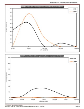 WRIA 10: PUYALLUP/WHITE RIVER WATERSHED


                                       2009 Fox Creek Pink Salmon Spawning Ground Counts and Run Timing
                       100
                                                                                                                        LIVE

                           90                                                                                           DEAD


                           80


                           70
  NUMBER OBSERVED




                           60


                           50


                           40


                           30


                           20


                           10


                            0
                           9/21/09              10/2/09                  10/13/09                  10/22/09              10/30/09
                                                                     DATE SURVEYED




                                       2009 Fox Creek Coho Salmon Spawning Ground Counts and Run Timing
                     350
                                                                                                                        LIVE

                                                                                                                        DEAD
                     300




                     250
   NUMBER OBSERVED




                     200




                     150




                     100




                     50




                       0
                      10/13/09       10/22/09             10/30/09      11/9/09         11/23/09              12/3/09    12/10/09
                                                                     DATE SURVEYED



PUYALLUP TRIBAL FISHERIES
2009-2010 ANNUAL SALMON, STEELHEAD, AND BULL TROUT REPORT                                                                  Page 73
 