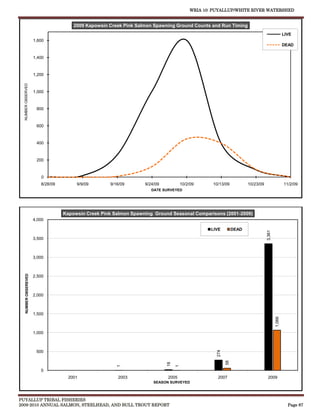 WRIA 10: PUYALLUP/WHITE RIVER WATERSHED


                                        2009 Kapowsin Creek Pink Salmon Spawning Ground Counts and Run Timing
                                                                                                                                                  LIVE
                       1,600
                                                                                                                                                  DEAD


                       1,400



                       1,200
  NUMBER OBSERVED




                       1,000



                        800



                        600



                        400



                        200



                          0
                          8/28/09        9/9/09       9/16/09       9/24/09            10/2/09     10/13/09            10/23/09                   11/2/09
                                                                       DATE SURVEYED




                                    Kapowsin Creek Pink Salmon Spawning Ground Seasonal Comparisons (2001-2009)
                       4,000

                                                                                                   LIVE         DEAD




                                                                                                                                  3,361
                       3,500



                       3,000
    NUMBER OBSEREVED




                       2,500



                       2,000



                       1,500
                                                                                                                                          1,066




                       1,000
                                                                                                     274




                        500
                                                                                                           58
                                                                              18
                                                         1




                                                                                   1




                          0
                                      2001               2003                 2005                   2007                          2009
                                                                        SEASON SURVEYED



PUYALLUP TRIBAL FISHERIES
2009-2010 ANNUAL SALMON, STEELHEAD, AND BULL TROUT REPORT                                                                                           Page 87
 