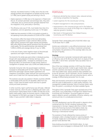 revenues: net interest income (+13.4%), due to the rise in the     PORTUGAL
    average portfolio and management of spreads and fee income
    (+11.8%), due to greater activity and servicing in the US.
                                                                       • Revenues dented by low interest rates, reduced activity
                                                                         and strong competition for liquidity.
• Higher expenses (+13.8%) due to the expansion in Poland and
  the US. At constant perimeter and exchange rates, they were          • Lower expenses for the second year running.
  1.4% lower, due to control and the synergies obtained from
  the integration of GE, particularly in Germany.                      • Prudent management in risks and provisions.
                                                                       • Improvement in the commercial gap and in the balance
• The efficiency ratio was 27.5%, much better than that of its           sheet structure as a result of the large rise in deposits and
  competitors, and net operating income was 13.1% higher.                selective growth in lending
• Stable loan-loss provisions (+2.6% y-o-y) pushed up growth in        • Best bank in Portugal prize from Global Finance,
  net operating income after provisions to 33.6% (+0.5% in 2009).        Euromoney and The Banker.

    The provisions reflect the impact of the more demanding
    regulatory requirements in Spain (+EUR 26 million) and the         Santander Totta’s attributable profit of EUR 456 million was
    higher generic provisions from larger volumes and portfolios.      14.2% lower than in 2009.
    Both were offset by lower specific provisions from the enhanced
    credit quality. The non-performing loan ratio declined from        Activity was conducted in a very difficult environment, due to
    5.39% to 4.95% and coverage rose by 31 p.p. to 128%.               the economic downturn, the drop in investment and private
                                                                       consumption, the persistence of the sovereign debt crisis and
• In the rest of items, lower negative impact of discontinued          the lack of liquidity.
  operations and higher minority interests in Poland.
                                                                       Strategy
The trends for the whole area were similar in individual countries,    In this environment, Santander maintained solid capital ratios,
though with varying degrees of intensity. Germany, which               an efficiency ratio of 45.4% and a high return on equity of more
generates the largest profits, increased its contribution to the       than 20%. In all of them, Santander Totta was better than its
Group by 6.9% in an environment of weak activity, thanks to            competitors.
management of spreads, lower costs (-0.9%) and stable provisions.
                                                                       One of the main strategic priorities in 2010 was the stronger
Santander Consumer USA, the second largest contributor,                focus on capturing funds in order to gain market share, capture
increased its attributable profit 54.7% in dollars. The main factors   and link customers and improve the balance sheet structure
behind this were larger volumes (organic generation and                with more stable funds. Various products were marketed such
integration of portfolios), higher revenues from servicing and the     as the DP Vencedor, the DP Ganhador, the DP Champion and
lower cost of credit from the improved quality of the portfolio.       the Super Poupança Ídolos with very attractive returns, within a
                                                                       strategy of differentiating Santander from its rivals.
The evolution was also very positive in Nordic countries (+69.6%
in attributable profit) and the UK (doubled), albeit from low          Risks and recoveries continued to be actively managed, in line
bases. In both cases the better results were due to greater            with the cycle of deterioration in credit quality indicators. This
activity and lower provisions.                                         management enabled Santander Totta to maintain better ratios
                                                                       than the system’s, according to the latest available figures.
In other countries, Spain’s performance was still weak, reflected
in lower revenues, which the area is offsetting with lower costs       Throughout 2010, Santander Totta again received some of the
and provisions clearly below those of 2009 (-29.3%) due to the         main prizes, such as Best Bank in Portugal from Global Finance,
better credit quality. Lastly, the business volume in Poland after     Euromoney and The Banker. The prizes singled out various
the integration of AIG Bank was larger (in December EUR 3,300          aspects related to growth, profitability, efficiency, solvency, cost
million in loans and EUR 1,000 million in deposits).                   control and risks in a complicated environment.

                                                                       Activity
                                                                       The main development was the 45% growth in deposits which,
NPL RATIO                           NPL COVERAGE                       combined with the 7% fall in lending, produced a big
%                                   %
                                                                       improvement in the loan / deposit ratio (from 216% to 139%)
                                                                       and in the financing structure of the balance sheet, key
                                                                       elements in an environment of significant restrictions in
                                                                       financing in international markets.
                                                      128
             5.39


                     4.95




                                                                       The evolution of funds reflected the intense activity of
                                               97




                                                                       campaigns under a strategy focused on capturing deposits. They
                                                                       increased, largely due to time deposits, while mutual and
                                                                       pension funds declined 16%.

                                                                       Gross lending amounted to EUR 30,634 million. Its main
                                                                       components were mortgages to individuals (EUR 16,452 million)
           2009     2010                      2009   2010




       ANNUAL REPORT 2010                                                                                                                117
 