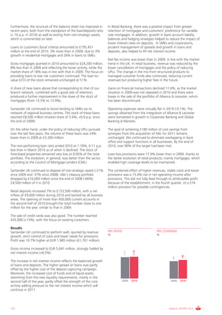Furthermore, the structure of the balance sheet has improved in     In Retail Banking, there was a positive impact from greater
recent years, both from the standpoint of the loan/deposits ratio   retention of mortgages and customers’ preference for variable
(+ 10 p.p. in 2010) as well as exiting from non-strategic assets,   rate mortgages. In addition, growth in bank account liability
which is commented on later.                                        balances and hedging strategies helped to reduce the impact of
                                                                    lower interest rates on deposits. In SMEs and corporations,
Loans to customers (local criteria) amounted to £195,431            prudent management of spreads and growth in loans and
million at the end of 2010, 3% more than in 2009, due to 3%         deposits, also helped to lift net interest income.
growth in residential mortgages and 26% in loans to SMEs.
                                                                    Net fee income was lower than in 2009, in line with the market
Gross mortgages granted in 2010 amounted to £24,200 million,        trend in the UK. In retail business, revenue was reduced by the
8% less than in 2009 and reflecting the lower activity, while the   lower cancellation of mortgages and the policy of reducing
market share of 18% was in line with that in 2009. The focus on     UPLs. The change in the mix from structured products to
providing loans to low risk customers continued. The loan-to-       managed customer funds also continued, reducing current
value (LTV) of the stock remained unchanged at 51%.                 revenues but producing higher fees in the future.

A share of new loans above that corresponding to that of our        Gains on financial transactions declined 11.6%, as the market
branch network, combined with a good rate of retention,             situation in 2009 was not repeated in 2010 and there were
produced a further improvement in the share of the stock of         losses in the sale of the portfolio of Alliance & Leicester, which
mortgages (from 13.5% to 13.9%).                                    has been discontinued.

Santander UK continued to boost lending to SMEs via its             Operating expenses were virtually flat in 2010 (-0.1%). The
network of regional business centres. The stock of these loans      savings obtained from the integration of Alliance & Leicester
reached £8,500 million (market share of 3.6%, +0.9 p.p. since       were reinvested in growth in Corporate Banking and Global
the end of 2009).                                                   Banking & Markets.

On the other hand, under the policy of reducing UPLs pursued        The goal of achieving £180 million of cost savings from
over the last few years, the volume of these loans was 24%          synergies from the acquisition of A&L for 2011 remains
lower than in 2009 at £3,300 million.                               unchanged. We continued to eliminate overlapping in back
                                                                    office and support functions in all businesses. By the end of
The non-performing loan ratio ended 2010 at 1.76%, 0.11 p.p.        2010, over 90% of the target had been met.
less than in March 2010 as of when it declined. The stock of
foreclosed properties remained very low at 0.05% of the total       Loan-loss provisions were 17.0% lower than in 2009, thanks to
portfolio. The evolution, in general, was better than the sector,   the better evolution of retail products, mainly mortgages, which
according to the Council of Mortgage Lenders (CML).                 enabled high coverage levels to be maintained.

Santander UK continued to dispose of non-strategic assets (-21%     The combined effect of higher revenues, stable costs and lower
since 2009 and -37% since 2008). A&L’s treasury portfolio           provisions was a 15.0% rise in net operating income after
dropped by £10,000 million since the end of 2008 (-66%),            provisions. This did not fully feed through to attributable profit
£4,500 million of it in 2010.                                       because of the establishment, in the fourth quarter, of a £74
                                                                    million provision for possible contingencies.
Retail deposits increased 7% to £153,500 million, with a net
inflow of £9,600 million during 2010 and backed by all business
areas. The opening of more than 450,000 current accounts in
the second half of 2010 brought the total number close to one
million for the year, similar to that in 2009.

The sale of credit cards was also good. The number reached
435,000 (+13%), with the focus on existing customers.

Results
Santander UK continued to perform well, spurred by revenue          NPL RATIO                          NPL COVERAGE
                                                                    %                                  %
growth, strict control of costs and lower needs for provisions.
Profit was 10.7% higher at EUR 1,985 million (£1,701 million).

Gross income increased to EUR 5,041 million, strongly fuelled by
                                                                                        1.76
                                                                                1.71




net interest income (+8.5%).
                                                                                                                          46
                                                                                                                   44




The increase in net interest income reflects the balanced growth
of loans and deposits. The higher spread on loans was partly
offset by the higher cost of the deposit capturing campaign.
Moreover, the increased cost of funds and of liquid assets,
stemming from the new liquidity requirements, mainly in the
second half of the year, partly offset the strength of the core               2009     2010                       2009   2010
activity adding pressure to the net interest income which will
continue in 2011.




122                                                                                                             ANNUAL REPORT 2010
 