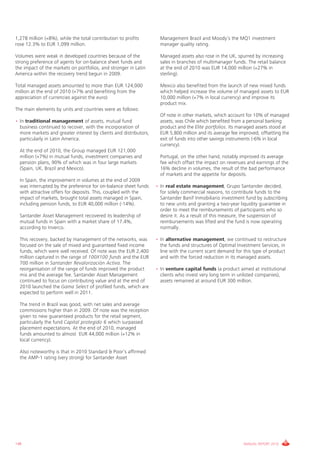 1,278 million (+8%), while the total contribution to profits         Management Brazil and Moody’s the MQ1 investment
rose 12.3% to EUR 1,099 million.                                     manager quality rating.

Volumes were weak in developed countries because of the              Managed assets also rose in the UK, spurred by increasing
strong preference of agents for on-balance sheet funds and           sales in branches of multimanager funds. The retail balance
the impact of the markets on portfolios, and stronger in Latin       at the end of 2010 was EUR 14,000 million (+27% in
America within the recovery trend begun in 2009.                     sterling).

Total managed assets amounted to more than EUR 124,000               Mexico also benefited from the launch of new mixed funds
million at the end of 2010 (+7% and benefiting from the              which helped increase the volume of managed assets to EUR
appreciation of currencies against the euro)                         10,000 million (+7% in local currency) and improve its
                                                                     product mix.
The main elements by units and countries were as follows:
                                                                     Of note in other markets, which account for 10% of managed
• In traditional management of assets, mutual fund                   assets, was Chile which benefited from a personal banking
  business continued to recover, with the incorporation of           product and the Elite portfolios. Its managed assets stood at
  more markets and greater interest by clients and distributors,     EUR 5,800 million and its average fee improved, offsetting the
  particularly in Latin America.                                     exit of funds into other savings instruments (-6% in local
                                                                     currency).
  At the end of 2010, the Group managed EUR 121,000
  million (+7%) in mutual funds, investment companies and            Portugal, on the other hand, notably improved its average
  pension plans, 90% of which was in four large markets              fee which offset the impact on revenues and earnings of the
  (Spain, UK, Brazil and Mexico).                                    16% decline in volumes, the result of the bad performance
                                                                     of markets and the appetite for deposits.
  In Spain, the improvement in volumes at the end of 2009
  was interrupted by the preference for on-balance sheet funds     • In real estate management, Grupo Santander decided,
  with attractive offers for deposits. This, coupled with the        for solely commercial reasons, to contribute funds to the
  impact of markets, brought total assets managed in Spain,          Santander Banif Inmobiliario investment fund by subscribing
  including pension funds, to EUR 40,000 million (-14%).             to new units and granting a two-year liquidity guarantee in
                                                                     order to meet the reimbursements of participants who so
  Santander Asset Management recovered its leadership of             desire it. As a result of this measure, the suspension of
  mutual funds in Spain with a market share of 17.4%,                reimbursements was lifted and the fund is now operating
  according to Inverco.                                              normally.

  This recovery, backed by management of the networks, was         • In alternative management, we continued to restructure
  focused on the sale of mixed and guaranteed fixed income           the funds and structures of Optimal Investment Services, in
  funds, which were well received. Of note was the EUR 2,400         line with the current scant demand for this type of product
  million captured in the range of 100X100 funds and the EUR         and with the forced reduction in its managed assets.
  700 million in Santander Revalorización Activa. The
  reorganisation of the range of funds improved the product        • In venture capital funds (a product aimed at institutional
  mix and the average fee. Santander Asset Management                clients who invest very long term in unlisted companies),
  continued to focus on contributing value and at the end of         assets remained at around EUR 300 million.
  2010 launched the Gama Select of profiled funds, which are
  expected to perform well in 2011.

  The trend in Brazil was good, with net sales and average
  commissions higher than in 2009. Of note was the reception
  given to new guaranteed products for the retail segment,
  particularly the fund Capital protegido 6 which surpassed
  placement expectations. At the end of 2010, managed
  funds amounted to almost EUR 44,000 million (+12% in
  local currency).

  Also noteworthy is that in 2010 Standard & Poor’s affirmed
  the AMP-1 rating (very strong) for Santander Asset




148                                                                                                         ANNUAL REPORT 2010
 