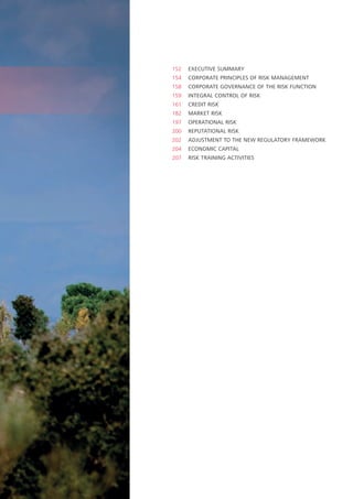 152   EXECUTIVE SUMMARY
                     154   CORPORATE PRINCIPLES OF RISK MANAGEMENT
                     158   CORPORATE GOVERNANCE OF THE RISK FUNCTION
                     159   INTEGRAL CONTROL OF RISK
                     161   CREDIT RISK
                     182   MARKET RISK
                     197   OPERATIONAL RISK
                     200   REPUTATIONAL RISK
                     202   ADJUSTMENT TO THE NEW REGULATORY FRAMEWORK
                     204   ECONOMIC CAPITAL
                     207   RISK TRAINING ACTIVITIES




ANNUAL REPORT 2010                                                      151
 