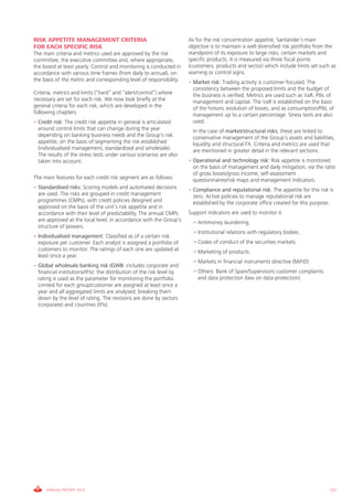 RISK APPETITE MANAGEMENT CRITERIA                                       As for the risk concentration appetite, Santander’s main
FOR EACH SPECIFIC RISK                                                  objective is to maintain a well diversified risk portfolio from the
The main criteria and metrics used are approved by the risk             standpoint of its exposure to large risks, certain markets and
committee, the executive committee and, where appropriate,              specific products. it is measured via three focal points
the board at least yearly. control and monitoring is conducted in       (customers, products and sector) which include limits set such as
accordance with various time frames (from daily to annual), on          warning or control signs.
the basis of the metric and corresponding level of responsibility.      • Market risk: Trading activity is customer-focused. The
                                                                          consistency between the proposed limits and the budget of
criteria, metrics and limits (“hard” and “alert/control”) where           the business is verified. Metrics are used such as vaR, P&L of
necessary are set for each risk. We now look briefly at the               management and capital. The vaR is established on the basis
general criteria for each risk, which are developed in the                of the historic evolution of losses, and as consumption/P&L of
following chapters:                                                       management up to a certain percentage. Stress tests are also
• Credit risk: The credit risk appetite in general is articulated         used.
  around control limits that can change during the year                   in the case of market/structural risks, these are linked to
  depending on banking business needs and the group’s risk                conservative management of the group’s assets and liabilities,
  appetite, on the basis of segmenting the risk established               liquidity and structural Fx. criteria and metrics are used that
  (individualised management, standardised and wholesale).                are mentioned in greater detail in the relevant sections.
  The results of the stress tests under various scenarios are also
  taken into account.                                                   • Operational and technology risk: Risk appetite is monitored
                                                                          on the basis of management and daily mitigation, via the ratio
                                                                          of gross losses/gross income, self-assessment
The main features for each credit risk segment are as follows:            questionnaires/risk maps and management indicators.
• Standardised risks: Scoring models and automated decisions            • Compliance and reputational risk: The appetite for this risk is
  are used. The risks are grouped in credit management                    zero. Active policies to manage reputational risk are
  programmes (cMPs), with credit policies designed and                    established by the corporate office created for this purpose.
  approved on the basis of the unit’s risk appetite and in
  accordance with their level of predictability. The annual cMPs        Support indicators are used to monitor it:
  are approved at the local level, in accordance with the group’s         – Antimoney laundering.
  structure of powers.
                                                                          – institutional relations with regulatory bodies.
• Individualised management: classified as of a certain risk
  exposure per customer. Each analyst is assigned a portfolio of          – codes of conduct of the securities markets.
  customers to monitor. The ratings of each one are updated at            – Marketing of products.
  least once a year.
                                                                          – Markets in financial instruments directive (MiFiD).
• Global wholesale banking risk (GWB: includes corporate and
  financial institutions/iFis): the distribution of the risk level by     – Others: Bank of Spain/Supervisors customer complaints
  rating is used as the parameter for monitoring the portfolio.             and data protection (law on data protection).
  Limited for each group/customer are assigned at least once a
  year and all aggregated limits are analysed, breaking them
  down by the level of rating. The revisions are done by sectors
  (corporate) and countries (iFis).




      ANNUAL REPORT 2010                                                                                                                157
 
