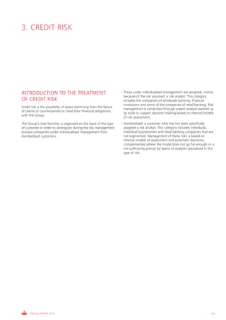 3. cREDiT RiSk




INTRODUCTION TO THE TREATMENT                                        • Those under individualised management are assigned, mainly
                                                                       because of the risk assumed, a risk analyst. This category
OF CREDIT RISK                                                         includes the companies of wholesale banking, financial
                                                                       institutions and some of the companies of retail banking. Risk
credit risk is the possibility of losses stemming from the failure
                                                                       management is conducted through expert analysis backed up
of clients or counterparties to meet their financial obligations
                                                                       by tools to support decision making based on internal models
with the group.
                                                                       of risk assessment.
The group’s risks function is organised on the basis of the type     • Standardised: a customer who has not been specifically
of customer in order to distinguish during the risk management         assigned a risk analyst. This category includes individuals,
process companies under individualised management from                 individual businessmen and retail banking companies that are
standardised customers.                                                not segmented. Management of these risks is based on
                                                                       internal models of assessment and automatic decisions,
                                                                       complemented where the model does not go far enough or is
                                                                       not sufficiently precise by teams of analysts specialised in this
                                                                       type of risk.




     ANNUAL REPORT 2010                                                                                                              161
 