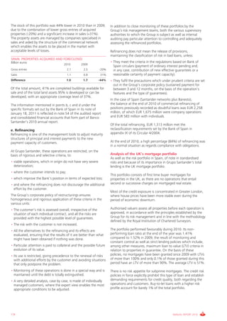 The stock of this portfolio was 44% lower in 2010 than in 2009,         in addition to close monitoring of these portfolios by the
due to the combination of lower gross entries of acquired               group’s risk management teams, both the various supervisory
properties (-20%) and a significant increase in sales (+31%).           authorities to which the group is subject as well as internal
The property assets are managed by companies specialised in             auditing pay particular attention to controlling and adequately
sales and aided by the structure of the commercial network              assessing the refinanced portfolios.
which enables the assets to be placed in the market with
acceptable levels of losses.                                            Refinancing does not mean the release of provisions,
                                                                        maintaining the classification of risk in bad loans, unless:
SPAIN: PROPERTIES ACQUIRED AND FORECLOSED
Billion euros                                                           • They meet the criteria in the regulations based on Bank of
                                      2010        2009
                                                                          Spain circulars (payment of ordinary interest pending and,
gross entries                           2.1         2.5          -20%     in any case, contribution of new effective guarantees or a
Sales                                   1.1         0.8          31%      reasonable certainty of payment capacity).
Difference                              1.0         1.7          -44%   • They fulfil the precautions which under prudent criteria are set
                                                                          out in the group’s corporate policy (sustained payment for
Of the total amount, 41% are completed buildings available for            between 3 and 12 months, on the basis of the operation’s
sale and of the total land assets 95% is developed or can be              features and the type of guarantees).
developed, with an appropriate coverage level of 37%.
                                                                        in the case of Spain (Santander networks plus Banesto),
The information mentioned in points b, c and d under the                the balance at the end of 2010 of commercial refinancing of
specific formats set out by the Bank of Spain in its note of            positions previously recorded as doubtful loans was EUR 2,258
January 18, 2011 is reflected in note 54 of the audited report          million, of which EUR 1,675 million were company operations
and consolidated financial accounts that form part of Banco             and EUR 583 million with individuals.
Santander’s 2010 annual report.
                                                                        Of the total refinancing, EUR 1,313 million met the
e. Refinancing                                                          reclassification requirements set by the Bank of Spain in
Refinancing is one of the management tools to adjust maturity           appendix ix of its circular 4/2004.
structures of principal and interest payments to the new
payment capacity of customers.                                          At the end of 2010, a high percentage (84%) of refinancing was
                                                                        in a normal situation as regards compliance with obligations.
At grupo Santander, these operations are restricted, on the
basis of rigorous and selective criteria, to:                           Analysis of the UK’s mortgage portfolio
                                                                        As well as the risk portfolio in Spain, of note in standardised
• viable operations, which in origin do not have very severe            risks and because of its importance in grupo Santander's total
  deterioration;                                                        lending is the Uk mortgage portfolio.
• where the customer intends to pay;
                                                                        This portfolio consists of first time buyer mortgages for
• which improve the Bank’s position in terms of expected loss;          properties in the Uk, as there are no operations that entail
• and where the refinancing does not discourage the additional          second or successive charges on mortgaged real estate.
  effort by the customer.
                                                                        Most of the credit exposure is concentrated in greater London,
The group’s corporate policy of restructurings ensures                  where house prices have been more stable even during the
homogeneous and rigorous application of these criteria in the           period of economic downturn.
various units:
• The customer’s risk is assessed overall, irrespective of the          Authorised valuers assess all properties before each operation is
  situation of each individual contract, and all the risks are          approved, in accordance with the principles established by the
  provided with the highest possible level of guarantees.               group for its risk management and in line with the methodology
                                                                        defined by the Royal institution of chartered Surveyors.
• The risk with the customer is not increased.
• All the alternatives to the refinancing and its effects are           The portfolio performed favourably during 2010. its non-
  evaluated, ensuring that the results of it are better than what       performing loan ratio at the end of the year was 1.41%
  might have been obtained if nothing was done.                         compared to 1.52% in 2009, the result of monitoring and
                                                                        constant control as well as strict lending policies which include,
• Particular attention is paid to collateral and the possible future    among other measures, maximum loan to value (LTv) criteria in
  evolution of its value.                                               relation to properties in guarantee. On the basis of these
• its use is restricted, giving precedence to the renewal of risks      policies, no mortgages have been granted since 2009 with LTvs
  with additional efforts by the customer and avoiding situations       of more than 100% and only 0.1% of those granted during this
  that only postpone the problem.                                       period have an LTv of more than 90%. The average LTv is 51%.

• Monitoring of these operations is done in a special way and is        There is no risk appetite for subprime mortgages. The credit risk
  maintained until the debt is totally extinguished.                    policies in force explicitly prohibit this type of loan and establish
• A very detailed analysis, case by case, is made of individually       demanding requirements for credit quality, both regarding the
  managed customers, where the expert view enables the most             operations and customers. Buy-to-let loans with a higher risk
  appropriate conditions to be adjusted.                                profile account for barely 1% of the total portfolio.




174                                                                                                                  ANNUAL REPORT 2010
 