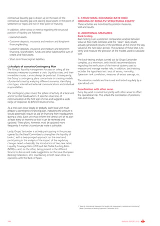 contractual liquidity gap is drawn up on the basis of the             C. STRUCTURAL EXCHANGE-RATE RISK/
contractual liquidity gap and placing liquid assets in the point of   HEDGING OF RESULTS/ STRUCTURAL EQUITY
settlement or repos and not in their point of maturity.               These activities are monitored by position measures,
                                                                      vaR and results.
in addition, other ratios or metrics regarding the structural
position of liquidity are followed:                                   D. ADDITIONAL MEASURES
• Loans/net assets.                                                   Back-testing
                                                                      Back-testing is an a posteriori comparative analysis between
• customer deposits, insurance and medium and long-term               value at Risk (vaR) estimates and the “clean” daily results
  financing/lending.                                                  actually generated (results of the portfolios at the end of the day
• customer deposits, insurance and medium and long-term               valued at the next day’s prices). The purpose of these tests is to
  financing, shareholders’ funds and other liabilities/the sum of     verify and measure the precision of the models used to calculate
  credits and fixed assets.                                           vaR.

• Short-term financing/net liabilities.                               The back-testing analysis carried out by grupo Santander
                                                                      complies, as a minimum, with the BiS recommendations
c) Analysis of scenarios/Contingency Plan                             regarding the verification of the internal systems used to
The group’s liquidity management focuses on taking all the            measure and manage market risks. in addition, back-testing
necessary measures to prevent a crisis. Liquidity crises, and their   includes the hypothesis test: tests of excess, normality,
immediate causes, cannot always be predicted. consequently,           Spearman rank correlation, measures of excess average, etc.
the group’s contingency plans concentrate on creating models
of potential crises by analyzing different scenarios, identifying     The valuation models are fine-tuned and tested regularly by a
crisis types, internal and external communications and individual     specialized unit.
responsibilities.
                                                                      Coordination with other areas
The contingency plan covers the sphere of activity of a local unit    Every day work is carried out jointly with other areas to offset
and of central headquarters. it specifies clear lines of              the operational risk. This entails the conciliation of positions,
communication at the first sign of crisis and suggests a wide         risks and results.
range of responses to different levels of crisis.

As a crisis can occur locally or globally, each local unit must
prepare a contingency financing plan, indicating the amount it
would potentially require as aid or financing from headquarters
during a crisis. Each unit must inform the central unit of its plan
at least every six months so that it can be reviewed and
updated. These plans, however, must be updated more
frequently if market circumstances make it advisable.

Lastly, grupo Santander is actively participating in the process
opened by the Basel committee to strengthen the liquidity of
banks1, with a two-pronged approach: on the one hand,
participating in the analysis of the impact of the regulatory
changes raised —basically, the introduction of two new ratios:
Liquidity coverage Ratio (LcR) and Net Stable Funding Ratio
(NSFR)— and, on the other, being present in the different
forums to discuss and make suggestions on the issue (European
Banking Federation, etc), maintaining in both cases close co-
operation with the Bank of Spain.




                                                                      1. “Basel iii: international framework for liquidity risk measurement, standards and monitoring”
                                                                         (Basel committee on Banking Supervision, December 2010)




184                                                                                                                                      ANNUAL REPORT 2010
 
