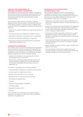 ANALYSIS AND MONITORING OF                                         INSURANCE IN THE MANAGEMENT
CONTROLS IN MARKET OPERATIONS                                      OF OPERATIONAL RISK
The complexity of financial instruments makes it necessary for     grupo Santander regards insurance as a key element in
the group to continuously strengthen operating control of this     management of operational risk. The area responsible for
activity, enhancing the very demanding and conservative risk       operational risk has been closely cooperating with the group’s
and operating principles that grupo Santander has been             insurance area since 2004 in all those activities that entail
regularly applying.                                                improvements in both areas. For example:
                                                                   • cooperation in the exposure of the group’s operational risk
Over and above regular tracking of all aspects regarding
                                                                     control and management model to insurance and reinsurance
operating control, all of the group’s units paid more attention
                                                                     companies.
to the following aspects, so that the review is validated every
month by each unit’s management committee. Of note are the         • Analysis and monitoring of recommendations and suggestions
following:                                                           to improve operational risks made by insurance companies,
                                                                     via prior audits conducted by specialised companies, as well
• Review of the valuation models and in general the valuation of
                                                                     as their subsequent implementation.
  portfolios.
                                                                   • Exchange of information generated in both areas in order to
• capturing processes and independent validation of prices.
                                                                     strengthen the quality of the data bases of errors and the
• Appropriate confirmation of operations with counterparties.        perimeter of coverage of the insurance policies for the various
                                                                     operational risks.
• Reviewing cancellations/modifications of operations.
                                                                   • close cooperation between local operational risk executives
• Reviewing and monitoring the effectiveness of guarantees,
                                                                     and local coordinators of insurance to strengthen mitigation
  collateral and mitigation of risk.
                                                                     of operational risk.
                                                                   • Regular meetings on specific activities, states of situation and
CORPORATE INFORMATION
                                                                     projects in both areas.
The corporate area of control of technological and operational
risk has a system for integral management of operational risk      • Active participation of both areas in global sourcing of
information, which every quarter consolidates the information        insurance, the group’s maximum technical body for defining
available from each country/unit in the operational risk sphere      coverage strategies and contracting insurance.
and gives a global vision with the following features:
• Two levels of information: one corporate and the other
  individualised for each country/unit.
• Dissemination of the best practices among countries/units
  of grupo Santander, obtained from the combined study
  of the results of qualitative and quantitative analysis of
  operational risk.

information is also prepared on the following aspects:
• grupo Santander’s management model for operational risk.
• Human resources and perimeter of action
• Analysis of the data base of errors and events
• Operational risk cost and accounting conciliation
• Self-assessment questionnaires
• indicators
• Mitigating measures/asset management
• contingency plans
• Regulatory framework: BiS ii
• insurance
This information acts as the basis for meeting the needs of
reporting to the board’s risk committee, senior management,
regulators, rating agencies, etc.




     ANNUAL REPORT 2010                                                                                                            199
 