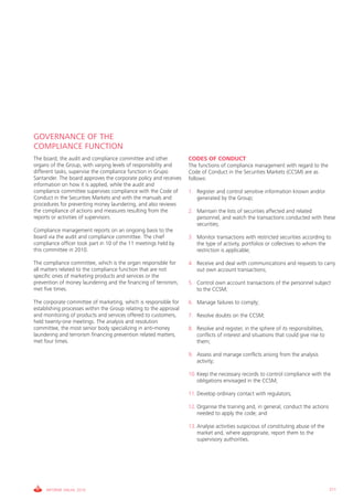 GOVERNANCE OF THE
COMPLIANCE FUNCTION
The board, the audit and compliance committee and other            CODES OF CONDUCT
organs of the Group, with varying levels of responsibility and     The functions of compliance management with regard to the
different tasks, supervise the compliance function in Grupo        Code of Conduct in the Securities Markets (CCSM) are as
Santander. The board approves the corporate policy and receives    follows:
information on how it is applied, while the audit and
compliance committee supervises compliance with the Code of        1. Register and control sensitive information known and/or
Conduct in the Securities Markets and with the manuals and            generated by the Group;
procedures for preventing money laundering, and also reviews
the compliance of actions and measures resulting from the          2. Maintain the lists of securities affected and related
reports or activities of supervisors.                                 personnel, and watch the transactions conducted with these
                                                                      securities;
Compliance management reports on an ongoing basis to the
board via the audit and compliance committee. The chief            3. Monitor transactions with restricted securities according to
compliance officer took part in 10 of the 11 meetings held by         the type of activity, portfolios or collectives to whom the
this committee in 2010.                                               restriction is applicable;

The compliance committee, which is the organ responsible for       4. Receive and deal with communications and requests to carry
all matters related to the compliance function that are not           out own account transactions;
specific ones of marketing products and services or the
prevention of money laundering and the financing of terrorism,     5. Control own account transactions of the personnel subject
met five times.                                                       to the CCSM;

The corporate committee of marketing, which is responsible for     6. Manage failures to comply;
establishing processes within the Group relating to the approval
and monitoring of products and services offered to customers,      7. Resolve doubts on the CCSM;
held twenty-one meetings. The analysis and resolution
committee, the most senior body specializing in anti-money         8. Resolve and register, in the sphere of its responsibilities,
laundering and terrorism financing prevention related matters,        conflicts of interest and situations that could give rise to
met four times.                                                       them;

                                                                   9. Assess and manage conflicts arising from the analysis
                                                                      activity;

                                                                   10. Keep the necessary records to control compliance with the
                                                                       obligations envisaged in the CCSM;

                                                                   11. Develop ordinary contact with regulators;

                                                                   12. Organise the training and, in general, conduct the actions
                                                                       needed to apply the code; and

                                                                   13. Analyse activities suspicious of constituting abuse of the
                                                                       market and, where appropriate, report them to the
                                                                       supervisory authorities.




     INFORME ANUAL 2010                                                                                                              211
 