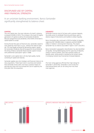 Banco Santander business model



DISCIPLINED USE OF CAPITAL
AND FINANCIAL STRENGTH

In an uncertain banking environment, Banco Santander
significantly strengthened its balance sheet



CAPITAL                                                                 LIQUIDITY
The core capital ratio, the main indicator of a bank’s solvency,        Santander finances most of its loans with customer deposits,
increased to 8.8% in 2010. This increase is the result of organic       has wide access to wholesale financing and draws upon a
generation of capital as well as the Santander Dividendo                diverse range of instruments and markets to obtain liquidity.
Elección programme (scrip dividend), which 85% of the Bank’s
capital opted to accept.                                                Banco Santander also continued in 2010 to bolster its liquidity,
                                                                        capturing EUR 109,000 million in deposits and EUR 38,000
During the last few years of financial crisis, Santander raised its     million in medium- and long-term financing. This means
core capital by more than 2.5 p.p., without the need of state           Santander has no need to issue debt in Spain in 2011 and 2012.
aid. This was largely achieved by generating organic capital,
the Santander Dividendo Elección programme (scrip dividend),            Banco Santander’s geographic diversification has also benefited
the listing of Banco Santander Brazil and the capital increase          its liquidity. Strong deleveraging and the capturing of deposits,
with preferential subscription rights in 2008.                          mainly in mature markets, have had a positive impact on
                                                                        liquidity ratios, while growth in lending by the Group’s banks
Santander’s core capital ratio is of very high quality, mainly          in emerging markets was financed by increased deposits.
consisting of capital and reserves.
                                                                                                       ***
Santander applies very strict strategic and financial criteria to its
new acquisitions. These have to be in countries and markets             The main rating agencies affirmed their high ratings for
that Santander knows well, must have a positive impact on               Santander in 2010 (AA). Santander is one of only four
earnings per share and must exceed the cost of capital by the           international banks with an AA rating from the three
third year after the acquisition.                                       main agencies.




CORE CAPITAL                                                            DEPOSITS+MEDIUM-AND LONG-TERM FINANCING/LOANS
%                                                                       %
                                                                                                                 115




                                       8.8
                                 8.6
                                                                                                        106
                                                                                              104




                           7.5




                          2008 2009 2010                                                    2008       2009     2010




28                                                                                                                 ANNUAL REPORT 2010
 