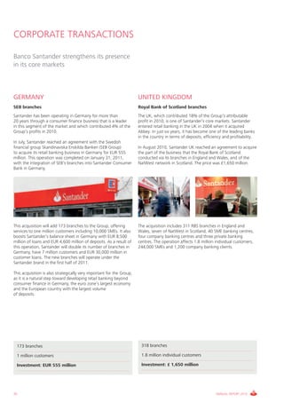 CORPORATE TRANSACTIONS

Banco Santander strengthens its presence
in its core markets



GERMANY                                                                UNITED KINGDOM
SEB branches                                                           Royal Bank of Scotland branches
Santander has been operating in Germany for more than                  The UK, which contributed 18% of the Group’s attributable
20 years through a consumer finance business that is a leader          profit in 2010, is one of Santander’s core markets. Santander
in this segment of the market and which contributed 4% of the          entered retail banking in the UK in 2004 when it acquired
Group’s profits in 2010.                                               Abbey. In just six years, it has become one of the leading banks
                                                                       in the country in terms of deposits, efficiency and profitability.
In July, Santander reached an agreement with the Swedish
financial group Skandinaviska Enskilda Banken (SEB Group)              In August 2010, Santander UK reached an agreement to acquire
to acquire its retail banking business in Germany for EUR 555          the part of the business that the Royal Bank of Scotland
million. This operation was completed on January 31, 2011,             conducted via its branches in England and Wales, and of the
with the integration of SEB’s branches into Santander Consumer         NatWest network in Scotland. The price was £1,650 million.
Bank in Germany.




This acquisition will add 173 branches to the Group, offering          The acquisition includes 311 RBS branches in England and
services to one million customers including 10,000 SMEs. It also       Wales, seven of NatWest in Scotland, 40 SME banking centres,
boosts Santander’s balance sheet in Germany with EUR 8,500             four company banking centres and three private banking
million of loans and EUR 4,600 million of deposits. As a result of     centres. The operation affects 1.8 million individual customers,
this operation, Santander will double its number of branches in        244,000 SMEs and 1,200 company banking clients.
Germany, have 7 million customers and EUR 30,000 million in
customer loans. The new branches will operate under the
Santander brand in the first half of 2011.

This acquisition is also strategically very important for the Group,
as it is a natural step toward developing retail banking beyond
consumer finance in Germany, the euro zone’s largest economy
and the European country with the largest volume
of deposits.




 173 branches                                                           318 branches

 1 million customers                                                    1.8 million individual customers

 Investment: EUR 555 million                                            Investment: £ 1,650 million




32                                                                                                                 ANNUAL REPORT 2010
 