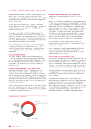 SIZE AND COMPOSITION OF THE BOARD
The Bank believes that the current size and composition of the               INDEPENDENT NON-EXECUTIVE DIRECTORS
board reflect the principles of representativeness of the                    Independent non-executive directors account for 50% of
ownership structure and equilibrium in governance of the Bank,               the Board.
also taking into account the size, complexity and geographical
diversity of the Group.                                                      Article 6.2.c) of the Rules and Regulations of the Board includes
                                                                             the definition of independent director established in the Unified
In 2006, the shareholders acting at a general shareholders’                  Code. In the light thereof, taking into account the circumstances
meeting approved a bylaw amendment whereby the maximum                       of each case, and upon the prior report of the appointments
number of directors was reduced from 30 to 22, with the                      and remuneration committee, the board considers the following
minimum remaining at 14.                                                     to be independent non-executive directors: Mr Fernando de
                                                                             Asúa Álvarez, Mr Manuel Soto Serrano, Mr Guillermo de la
Pursuant to article 6.3 of the Rules and Regulations of the                  Dehesa Romero, Mr Rodrigo Echenique Gordillo, Mr Antonio
Board, the appointments and remuneration committee, at its                   Escámez Torres, Mr Ángel Jado Becerro de Bengoa, Mr Abel
meeting of 16 March 2011, verified the status of each director.              Matutes Juan, Mr Luis Ángel Rojo Duque, Mr Luis Alberto
Its proposal was submitted to the board, which approved it at                Salazar-Simpson Bos and Ms Isabel Tocino Biscarolasaga.
its meeting of 21 March 2011 and established the composition
of the board upon the terms set forth below.                                 At 31 December 2010, the average length of service of
                                                                             independent non-executive directors in the position of board
Of the 20 directors currently sitting on the board of directors,             member was 9.6 years.
6 are executive and 14 are non-executive. Of the 14 non-
executive directors, 10 are independent, 1 is proprietary and                Taking the board as a whole, the average length of service is
3 are, in the opinion of the board, neither proprietary nor                  13 years, which is greater than that of independent
independent.                                                                 non-executive directors due to the longer continuity in office
                                                                             of executive directors (21.3 years).
EXECUTIVE DIRECTORS
Pursuant to the Rules and Regulations of the Board (article                  OTHER NON-EXECUTIVE DIRECTORS
6.2.a)), the following are executive directors: Mr Emilio Botín-             Lord Burns is a non-executive, non-proprietary director. Since he
Sanz de Sautuola y García de los Ríos, Mr Alfredo Sáenz Abad,                currently receives remuneration in his capacity as non-executive
Mr Matías Rodríguez Inciarte, Ms Ana Patricia Botín-Sanz de                  chairman of the Group’s subsidiaries, Santander UK plc and
Sautuola y O’Shea, Mr Francisco Luzón López and Mr Juan                      Alliance & Leicester plc, in the opinion of the board of directors
Rodríguez Inciarte.                                                          and upon a prior report of the appointments and remuneration
                                                                             committee, he cannot be classified as an independent director.
PROPRIETARY NON-EXECUTIVE DIRECTORS
Since 2002, the standard used by the appointments and                        The same applies to Mr Antonio Basagoiti García-Tuñón, who,
remuneration committee and the board of directors as a                       in his capacity as non-executive chairman of Banesto, receives
necessary but not sufficient condition to designate or consider a            remuneration in addition to his remuneration as a director of
director as a non-executive proprietary director (as expressly set           Banco Santander.
forth in article 6.2.b) of the Rules and Regulations of the Board
of Directors) is that he/she hold at least 1% of the share capital           In the opinion of the board, upon a prior report of the
of the Bank. This percentage was set by the Bank exercising its              appointments and remuneration committee, the non-executive
powers of self-regulation.                                                   director Assicurazioni Generali S.p.A. cannot be classified as
                                                                             proprietary in view of the fact that its interest in the Bank’s
Taking into account the circumstances of the case, and upon the              capital has decreased below 1%, which is the limit set by article
prior report of the appointments and remuneration committee,                 6.2.b) of the Rules and Regulations of the Board as a minimum
the board believes that Mr Javier Botín-Sanz de Sautuola y O’Shea            in order for the directors holding or representing such
is a proprietary non-executive director.                                     percentage interest to be considered proprietary directors.



COMPOSITION OF THE BOARD


                                                Independent
       Proprietary                              non-executive directors 10
     non-executive                              50%
        directors 1
                5%

             Other
     non-executive
        directors 3
              15%



                                Executive directors 6
                                30%




     ANNUAL REPORT 2010                                                                                                                       71
 