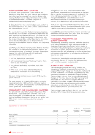 AUDIT AND COMPLIANCE COMMITTEE                                          During financial year 2010, none of the members of the
As provided in the Bylaws (article 53) and the Rules and                appointments and remuneration committee was an executive
Regulations of the Board (article 16), the audit and compliance         director, member of senior management or employee of the
committee must be made up of non-executive directors, the               Bank, and no executive director or member of the senior
majority of whom must be independent. Its chairman shall be             management of the Bank sat on the board (or on the
an independent director. It is currently composed of                    remuneration committee) of companies that employed
independent non-executive directors only.                               members of the appointments and remuneration committee.

Its duties, listed in the above-mentioned provisions, conform to        The Rules and Regulations of the Board establish the duties of
the recommendations of the Unified Code for audit committees            this committee, including all those recommended by the Unified
and the internal audit function.                                        Code for appointments and remuneration committees.

The coordination required by the best international practices           Since 2004 the appointments and remuneration committee has
between the activities of the risk committee and those of the           published an activities report which, since 2006, also includes
audit committee is guaranteed within the Group because, on              the report on director remuneration policy.
the one hand, the general secretary is the secretary of both
the risk committee and the audit and compliance committee,              TECHNOLOGY, PRODUCTIVITY AND
and on the other hand, because of the presentations                     QUALITY COMMITTEE
regarding risk management made at the audit and compliance              The technology, productivity and quality committee (article 13
committee.                                                              of the Rules and Regulations of the Board) is responsible for
                                                                        studying and reporting on the plans and actions relating to
Specifically, during the last financial year, the third vice-chairman   information and application programming systems, investments
and chairman of the risk committee reported to the audit and            in computer equipment, design of operational processes to
compliance committee, at its meeting of 21 April, regarding the         improve productivity, and programmes to improve service quality
status of risks within the Group, submitting a detailed                 and measurement procedures, as well as programs relating to
presentation on the following issues:                                   resources and costs.

1. Principles governing risk management.                                It is made up of eight directors, three executive and five
                                                                        non-executive directors. Of the latter, four are independent
2. Reference indicators (review of the Group’s balance sheet,
                                                                        and 1 is neither proprietary nor independent.
   credit risk and market risk).
3. Principal risks, delinquency, and features of the main               INTERNATIONAL COMMITTEE
   portfolios.                                                          The international committee (article 13 of the Rules and
4. Other issues, such as stress test on credit portfolios,              Regulations of the Board) is responsible for monitoring the
   real estate risk in Spain and structured financing.                  progress of the Group’s strategy and the activities, markets and
                                                                        countries in which the Group wishes to operate through direct
                                                                        investments or through the deployment of specific business.
Moreover, other presentations were made in 2010 regarding               The committee is informed of the commercial initiatives and
specific risk issues.                                                   strategies of the various Group units and of any new projects
                                                                        presented to it. It also reviews the progress of financial
The report prepared by the audit and compliance committee               investments and business as well as the international economic
regarding its activities in 2010, which is distributed together         climate so that it can make, where appropriate, suitable
with the annual report, contains detailed information on internal       proposals to correct country risk limits, their structure and
control systems and risk management.                                    returns and their allocation by business and/or unit.

APPOINTMENTS AND REMUNERATION COMMITTEE                                 The committee is made up of eight directors, four executive
The Bylaws (article 54) and the Rules and Regulations of the            directors and four independent non-executive directors.
Board (article 17) provide that this committee is also to be
made up exclusively of non-executive directors and that its
chairman shall be an independent director, as is in fact the case.
All its current members are independent non-executive
directors.


COMMITTEES OF THE BOARD
                                                                                                               Audit and      Appointments
                                                                            Executive          Risk          compliance    and remuneration
                                                                           committee      committee           committee          committee

No. of members                                                                    10              5                   5                    5
Executive                                                                          5              2                    -                   -
Non-executive                                                                      5              3                   5                    5
No. of meetings                                                                   55             99                  11                    9
Hours*                                                                           285            297                  55                 28
(*) Estimated hours of average dedication per director.




        ANNUAL REPORT 2010                                                                                                              77
 