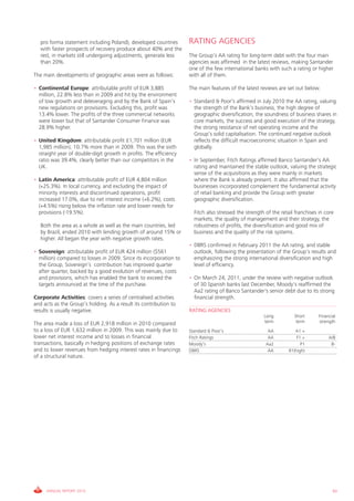 pro forma statement including Poland), developed countries       RATING AGENCIES
   with faster prospects of recovery produce about 40% and the
   rest, in markets still undergoing adjustments, generate less     The Group’s AA rating for long-term debt with the four main
   than 20%.                                                        agencies was affirmed in the latest reviews, making Santander
                                                                    one of the few international banks with such a rating or higher
The main developments of geographic areas were as follows:          with all of them.

• Continental Europe: attributable profit of EUR 3,885              The main features of the latest reviews are set out below.
  million, 22.8% less than in 2009 and hit by the environment
  of low growth and deleveraging and by the Bank of Spain’s         • Standard & Poor’s affirmed in July 2010 the AA rating, valuing
  new regulations on provisions. Excluding this, profit was           the strength of the Bank’s business, the high degree of
  13.4% lower. The profits of the three commercial networks           geographic diversification, the soundness of business shares in
  were lower but that of Santander Consumer Finance was               core markets, the success and good execution of the strategy,
  28.9% higher.                                                       the strong resistance of net operating income and the
                                                                      Group’s solid capitalisation. The continued negative outlook
• United Kingdom: attributable profit £1,701 million (EUR             reflects the difficult macroeconomic situation in Spain and
  1,985 million), 10.7% more than in 2009. This was the sixth         globally.
  straight year of double-digit growth in profits. The efficiency
  ratio was 39.4%, clearly better than our competitors in the       • In September, Fitch Ratings affirmed Banco Santander’s AA
  UK.                                                                 rating and maintained the stable outlook, valuing the strategic
                                                                      sense of the acquisitions as they were mainly in markets
• Latin America: attributable profit of EUR 4,804 million             where the Bank is already present. It also affirmed that the
  (+25.3%). In local currency, and excluding the impact of            businesses incorporated complement the fundamental activity
  minority interests and discontinued operations, profit              of retail banking and provide the Group with greater
  increased 17.0%, due to net interest income (+6.2%), costs          geographic diversification.
  (+4.5%) rising below the inflation rate and lower needs for
  provisions (-19.5%).                                                Fitch also stressed the strength of the retail franchises in core
                                                                      markets, the quality of management and their strategy, the
   Both the area as a whole as well as the main countries, led        robustness of profits, the diversification and good mix of
   by Brazil, ended 2010 with lending growth of around 15% or         business and the quality of the risk systems.
   higher. All began the year with negative growth rates.
                                                                    • DBRS confirmed in February 2011 the AA rating, and stable
• Sovereign: attributable profit of EUR 424 million ($561             outlook, following the presentation of the Group’s results and
  million) compared to losses in 2009. Since its incorporation to     emphasizing the strong international diversification and high
  the Group, Sovereign’s contribution has improved quarter            level of efficiency.
  after quarter, backed by a good evolution of revenues, costs
  and provisions, which has enabled the bank to exceed the          • On March 24, 2011, under the review with negative outlook
  targets announced at the time of the purchase.                      of 30 Spanish banks last December, Moody's reaffirmed the
                                                                      Aa2 rating of Banco Santander's senior debt due to its strong
Corporate Activities: covers a series of centralised activities       financial strength.
and acts as the Group’s holding. As a result its contribution to
results is usually negative.                                        RATING AGENCIES
                                                                                                      Long          Short       Financial
The area made a loss of EUR 2,918 million in 2010 compared                                            term           term       strength
to a loss of EUR 1,632 million in 2009. This was mainly due to      Standard & Poor’s                   AA           A1 +
lower net interest income and to losses in financial                Fitch Ratings                       AA            F1 +           A/B
transactions, basically in hedging positions of exchange rates      Moody’s                            Aa2              P1            B-
and to lower revenues from hedging interest rates in financings     DBRS                                AA        R1(high)
of a structural nature.




     ANNUAL REPORT 2010                                                                                                                93
 