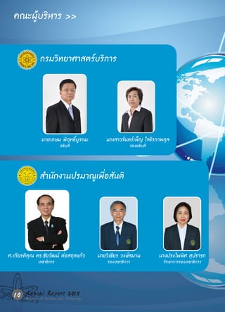 คณะผู้บริหาร >>

               กรมวิทยาศาสตร์บริการ




               นายเกษม พิฤทธิ์บูรณะ       นางสาวจันทร์เพ็ญ ใจธีรภาพกุล
                          อธิบดี                      รองอธิบดี



               ส�นักงานปรมาณูเพื่อสันติ
                า




ศ.เกียรติคุณ ดร.ชัยวัฒน์ ต่อสกุลแก้ว   นายวิเชียร วงษ์สมาน        นางประไพพิศ สุปรารภ
              เลขาธิการ                    รองเลขาธิการ            รักษาการรองเลขาธิการ




   10 Annual Science and Technology
      Ministry of
                  Report 2010
 