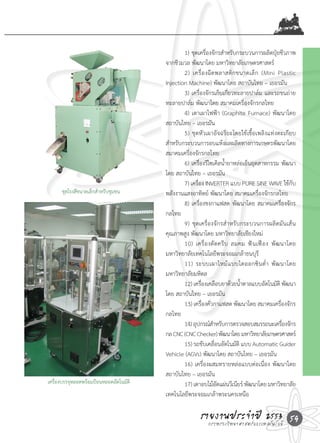 1)	ชุดเครื่องจักรส�าหรับกระบวนการผลิตปุ๋ยชีวภาพ
                                         จากชีวมวล	พัฒนาโดย	มหาวิทยาลัยเกษตรศาสตร์
                                         	       2)	 เครื่ อ งฉี ด พลาสติ ก ขนาดเล็ ก 	 (Mini	 Plastic	
                                         Injection	Machine)	พัฒนาโดย	สถาบันไทย	–	เยอรมัน
                                         	       3)	เครื่องจักรเก็บเกี่ยวทะลายปาล์ม	และรถขนถ่าย
                                         ทะลายปาล์ม	พัฒนาโดย	สมาคมเครื่องจักรกลไทย
                                         	       4)	เตาเผาไฟฟ้า	(Graphite	Furnace)	พัฒนาโดย	
                                         สถาบันไทย	–	เยอรมัน
                                         	       5)	ชุดหัวเผาอัจฉริยะโดยใช้เชื้อเพลิงแท่งตะเกียบ	
                                         ส�าหรับกระบวนการอบแห้งผลผลิตทางการเกษตรพัฒนาโดย	
                                         สมาคมเครื่องจักรกลไทย
                                         	       6)	เครื่องรีไซเคิลน�้ายาหล่อเย็นอุตสาหกรรม	พัฒนา
                                         โดย	สถาบันไทย	–	เยอรมัน
                                         	       7)	เครือง	INVERTER	แบบ	PURE	SINE	WAVE	ใช้กบ
                                                        ่                                                  ั
      ชุดโรงสีขนาดเล็กส�าหรับชุมชน       พลังงานแสงอาทิตย์	พัฒนาโดย	สมาคมเครื่องจักรกลไทย
                                         	       8)	เครื่องชงกาแฟสด	พัฒนาโดย	สมาคมเครื่องจักร
                                         กลไทย
                                         	       9)	 ชุดเครื่องจักรส�าหรับกระบวนการผลิตมันเส้น
                                         คุณภาพสูง	พัฒนาโดย	มหาวิทยาลัยเชียงใหม่
                                         	       10)	 เครื่ อ งตั ด ครี บ 	 ลมคม	 ฟั น เฟื อ ง	 พั ฒ นาโดย	
                                         มหาวิทยาลัยเทคโนโลยีพระจอมเกล้าธนบุรี
                                         	       11)	 ระบบเผาไหม้แบบไดออกซินต�่า	 พัฒนาโดย	
                                         มหาวิทยาลัยมหิดล
                                         	       12)	เครืองเคลือบยาด้วยน�าตาลแบบอัตโนมัต	พัฒนา
                                                          ่                     ้                    ิ
                                         โดย	สถาบันไทย	–	เยอรมัน
                                         	       13)	เครืองคัวกาแฟสด	พัฒนาโดย	สมาคมเครืองจักร
                                                            ่ ่                                        ่
                                         กลไทย
                                         	       14)	อุปกรณ์สาหรับการตรวจสอบสมรรถนะเครืองจักร
                                                                  �                                      ่
                                         กล	CNC	(CNC	Checker)	พัฒนาโดย	มหาวิทยาลัยเกษตรศาสตร์
                                         	       15)	รถขับเคลือนอัตโนมัต	แบบ	Automatic	Guider	
                                                                    ่         ิ
                                         Vehicle	(AGVs)	พัฒนาโดย	สถาบันไทย	–	เยอรมัน
                                         	       16)	เครื่องผสมทรายหล่อแบบต่อเนื่อง	พัฒนาโดย	
                                         สถาบันไทย	–	เยอรมัน
เครื่องบรรจุหลอดพร้อมป้อนหลอดอัตโนมัติ   	       17)	เตาอบไม้อดแผ่นวีเนียร์	พัฒนาโดย	มหาวิทยาลัย
                                                                      ั
                                         เทคโนโลยีพระจอมเกล้าพระนครเหนือ

                                                          รายงานประจ�าแปี 2553 59
                                                            กระทรวงวิทยาศาสตร์ ละเทคโนโลยี
 