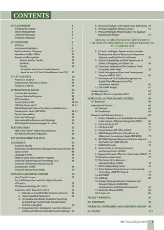 AIT Annual Report 2010
AIT LEADERSHIP	 2
	 AIT Board of Trustees	 2
	 Senior Management	 3
	 Chairman’s Message	 4
	 President’s Message	 5
AIT OVERVIEW	 6
	 AIT Facts	 7
	 Institutional Highlights	 8
	 New Fundraising Campaign	 20
	 New Alumni Affairs Office	 21
	 Awards and Recognition	 22
	           Alumni, Former Faculty	 22
	           Students	 23
	           Faculty	 24
	               AIT professor leads team to “Excellent Research
		 Award for Year 2010” from Thailand Research Fund (TRF)	 25
AIT AT A GLANCE	 26
	 Projects at a Glance	 26
	 Students and Alumni at a Glance	 28
	 Faculty at a Glance	 29
INTERNATIONAL REACH	 30
	 Institute Memberships	 31
	 Erasmus Mundus Programs	 32
	 AIT Consulting	 32
	 Yunus Center at AIT	 33, 70
	 CSR Asia Center at AIT	 33, 71
	 ASEAN Regional Center of Excellence on Millennium
	 Development Goals (ARCMDG)	 34, 73
	 Partner Networking	 34
	 Visits and Exchanges	 35
	 International Conferences and Meetings 	 36
	 AIT President Irandoust engages Sri Lanka 	 36
FEATURE STORY	 37
	 HRH is the First AIT Hall of Fame Inductee 	 37
	 AIT Hall of Fame 2010 Inductees 	 39
KEY ACHIEVEMENTS IN 2010	 42
ACADEMICS	 42
	 Academic Quality	 42
	 Admissions and Enrolment, Management Improvements 43
	 Career Center	 44
	 Language Center	 44
	 Fields of Study and Academic Programs	 45
	 School of Engineering and Technology (SET) 	 46
	 School of Environment, Resources and
	 Develepment (SERD)	 48
	 School of Management (SOM)	 50
RESEARCH AND DEVELOPMENT	 52
	 Most Cited in Scopus	 52
	 Top 5 AIT Researchers with the Highest Number-
	 of Projects	 52
	 AIT Research Strategy 2011-2015	 53
	 Snapshots of AIT Research in 2010	 54
	 	 1.   Police Eyes: PortableTraffic Violations Detector	 54
	 	 2.    Automated Test Equipment	 54
	 	 3.    Air Quality and Climate Impacts of Switching
	 	        to Natural Gas-Fueled Public Transportation
  	 	        Vehicles in Bangkok	 55
	 	 4.   Energy Security in Developing Countries: National
	 	        and Household level Vulnerability and Challenges 	55
	 	 5.   Pavement Surfaces with Higher Solar Reflectivity	 56
	 	 6.   Physical  Model for Monkey Cheeks	 57
	 	 7.   Physical Hydraulic Model Study of the Xayaburi
	 	       Hydroelectric Project	 57
SPECIAL COMMEMORATIVE SUPPLEMENT:
THE NEW INTERNATIONAL INTERGOVERNMENTAL
AIT CHARTER 2010
	 	 8.   EU-Asia Link Project Gender and Sustainable
	 	       Development: Natural Resource Management,
	 	        Migration and Multi-local Livelihoods	 58
	 	 9.   Seismic Vulnerability and Risk Assessment of
	 	        Dhaka, Chittagong, and Sylhet City	 59
	 	 10. Consumer Judgment of the Quality of Food:
	 	        Do quality labels help?	 59
	 	 11. Public Management Executive Development
	 	        Program (PMED) 2010	 60
	 	 12. The Impact of Total Quality Management on
	 	        Supply Chain Management in Thai
	 	        Automotive Industry	 60
	 	 13. SEA-UEMA Project	 61
	 Student Research	 62
	 AIT Master’s Thesis Competition 2010	 63
EXTENSION, OUTREACH AND CENTERS	 64
	 AIT Extension	 64
	 International Centers 	 66
	 	 AIT Vietnam	 66
	 	 AIT Inodenesia	 68
	 Research and Outreach Centers	 69
	 	 1.   Center of Excellence on Sustainable Development
	 	        in the context of Climate Change (CoE SDCC)	 69
	 	 2.   Yunus Center at AIT	 70
	 	 3.   CSR Asia at AIT	 71
	 	 4.   United Nations AIT Office (UNAIT)	 72
	 	 5.   ASEAN Regional Center of Excellence on
	 	        Millennium Development Goals (ARCMDG)	 73
	 	 6.   AIT-UNEP Regional Resource Centre for Asia and
	 	        the Pacific (AIT-UNEP RRC.AP)	 74
	 	 7.   HABITECH Center	 75
	 	 8.   Asian Center for Soil Improvement
	     	        and Geosynthetics (ACSIG) 	 76
	 	 9.   Regional Network Office for Urban Safety (RNUS)	 77
	 	 10. Geoinformatics Center	 77
	 	 12. The Center of Excellence in
	 	        Nanotechnology (CoEN) 	 78
	 	 11. WHO Collaborating Center	 78
	 	 13. Asian Regional Programme on Environmental
	 	        Technology (ARRPET) Phase II	 79	
	 	 14. ACECOMS	 79
	 	 15. intERLab	 80
	 	 16. Greater Mekong Subregion Academic and
	 	        Research Network (GMSARN):
	 	        Developments and Network Expansion 	 82
	 	 13. Wetlands Alliance/PRAM	 84
	 	 18. Prosper.net	 86
FACULTY MEMBERS	 87
AIT PARTNERS	 92
FINANCIAL STATEMENTS AND AUDITOR’S REPORT	 96
GLOSSARY	 112
CONTENTS
 