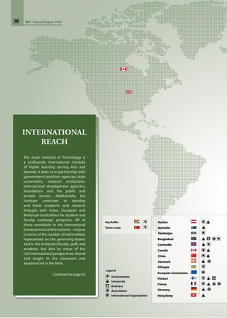 30 AIT Annual Report 2010 AIT’s REACH
The Asian Institute of Technology is a pro-
foundly international institute of higher
learning serving Asia and beyond. It does so
in partnership with governments and their
agencies, state universities, research institu-
tions, international development agencies,
foundations and the public and private sec-
tors. Additionally, the Institute continues to
develop and foster academic and research
linkages with Asian, European and American
institutions for student and faculty exchange
programs. All of these contribute to the inter-
national characteristics of the Institute – not
just in terms of the number of nationalities
represented on the governing board, and in
the Institute’s faculty, staff, and students, but
also by virtue of the rich international per-
spectives shared and taught in the classroom
and experienced in the field.
In2009,theInstitutecontinueditspartnership
programs with the Royal Thai Government,
the Swedish International Development Co-
operation Agency (Sida), the Government of
Norway (Ministry of Foreign Affairs), the Go-
vernment of Japan, Government of France,
the Netherlands Government, the Canadian
International Development Agency (CIDA),
and the  Austrian Development Agency (ADA).
Please turn to Page 77 for a comprehensive list of AIT partners.
Seychelles
Timor-Leste
30 AIT Annual Report 2010
The Asian Institute of Technology is
a profoundly international institute
of higher learning serving Asia and
beyond. It does so in partnership with
governments and their agencies, state
universities, research institutions,
international development agencies,
foundations and the public and
private sectors. Additionally, the
Institute continues to develop
and foster academic and research
linkages with Asian, European and
American institutions for student and
faculty exchange programs. All of
these contribute to the international
characteristicsoftheInstitute–notjust
in terms of the number of nationalities
represented on the governing board,
and in the Institute’s faculty, staff, and
students, but also by virtue of the
rich international perspectives shared
and taught in the classroom and
experienced in the field.
International
Reach
Continued on page 32.
 