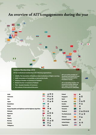 31AIT Annual Report 2010
Institute Memberships 2010
AIT has institutional membership in the following organizations:
•	 ASAIHL, The Association of Southeast Asian Institutions of Higher Learning
•	 AUAP, Association of Universities of Asia and the Pacific
•	 American Chamber of Commerce in Thailand
•	 British Chamber of Commerce Thailand
•	 Thai - Swedish Chamber of Commerce
•	 IIE, Institute of International Education
AIT is an active member of
Southeast and South Asia and
Taiwan Universities (SATU)
Presidents’Forum.
AIT, as founding member, has
hosted the Greater Mekong
Sub-region Academic and
Research Network (GMSARN).
31
An overview of AIT’s engagements during the year
 